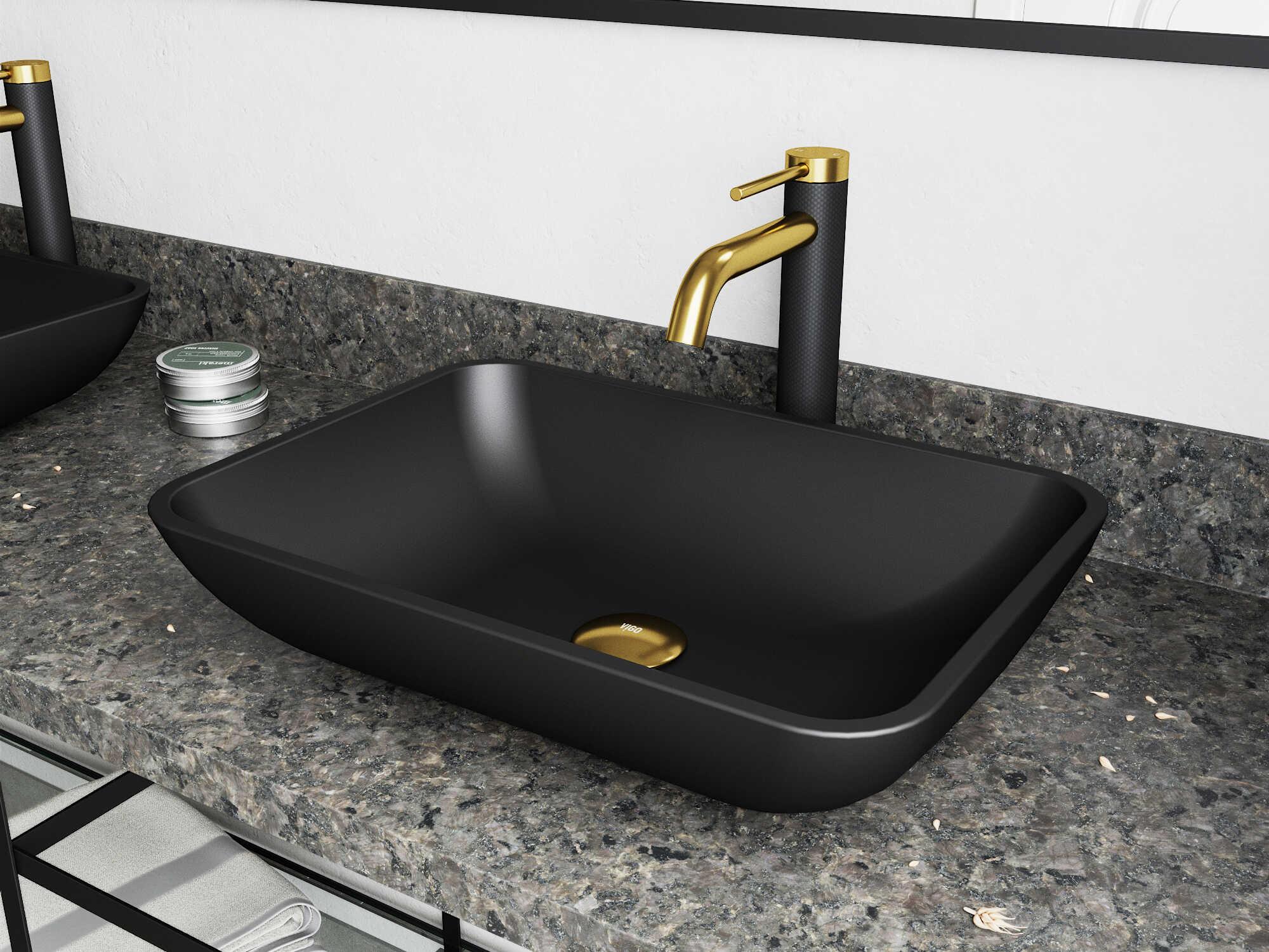 Vigo Sottile Matte Shell 18" Rectangular Vessel Bathroom Sink with Matte Gold / Matte Black Lexington Faucet