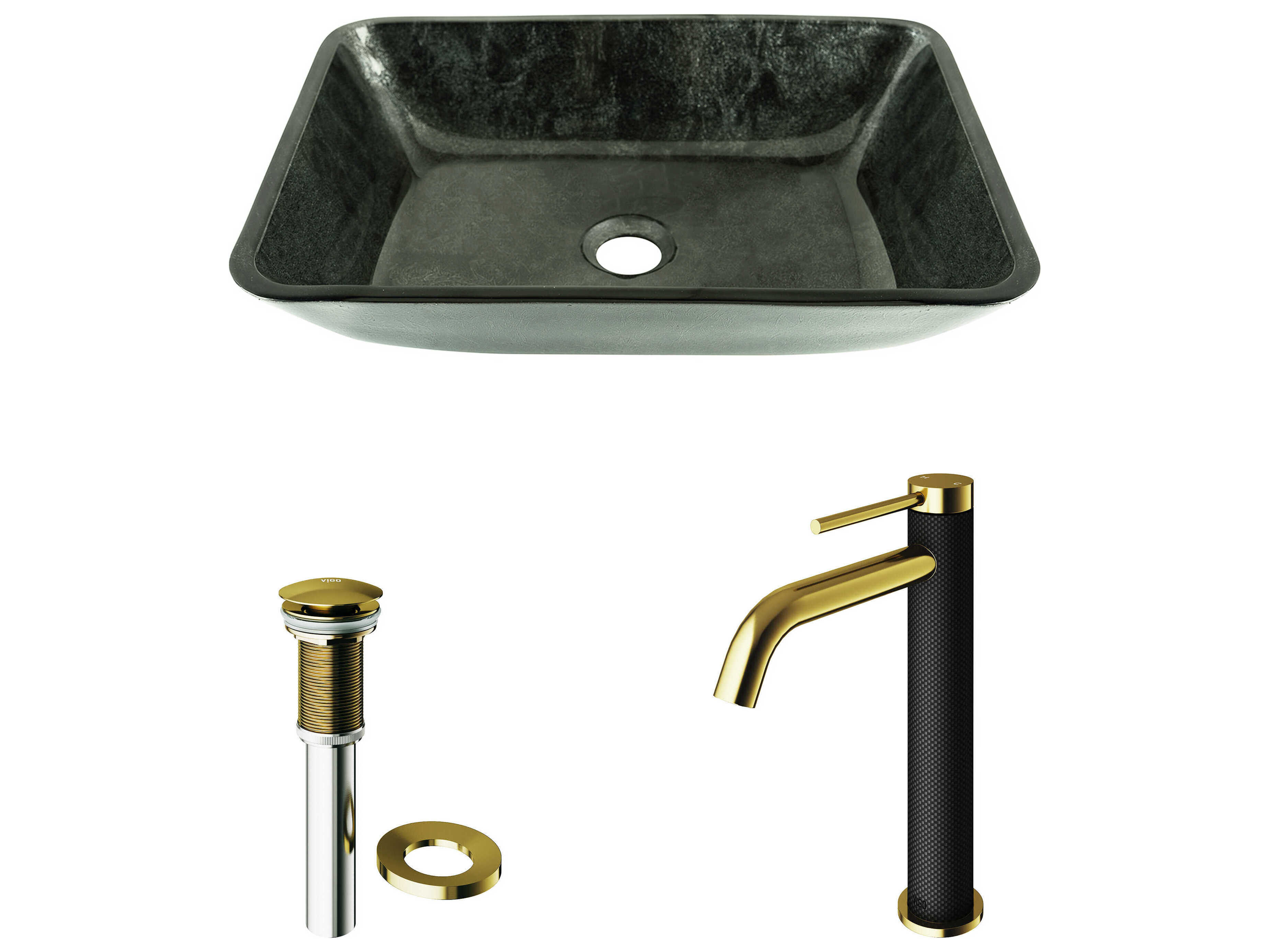 Vigo Onyx Gray 18" Rectangular Vessel Bathroom Sink Set with Matte Brushed Gold / Matte Black Lexington Faucet