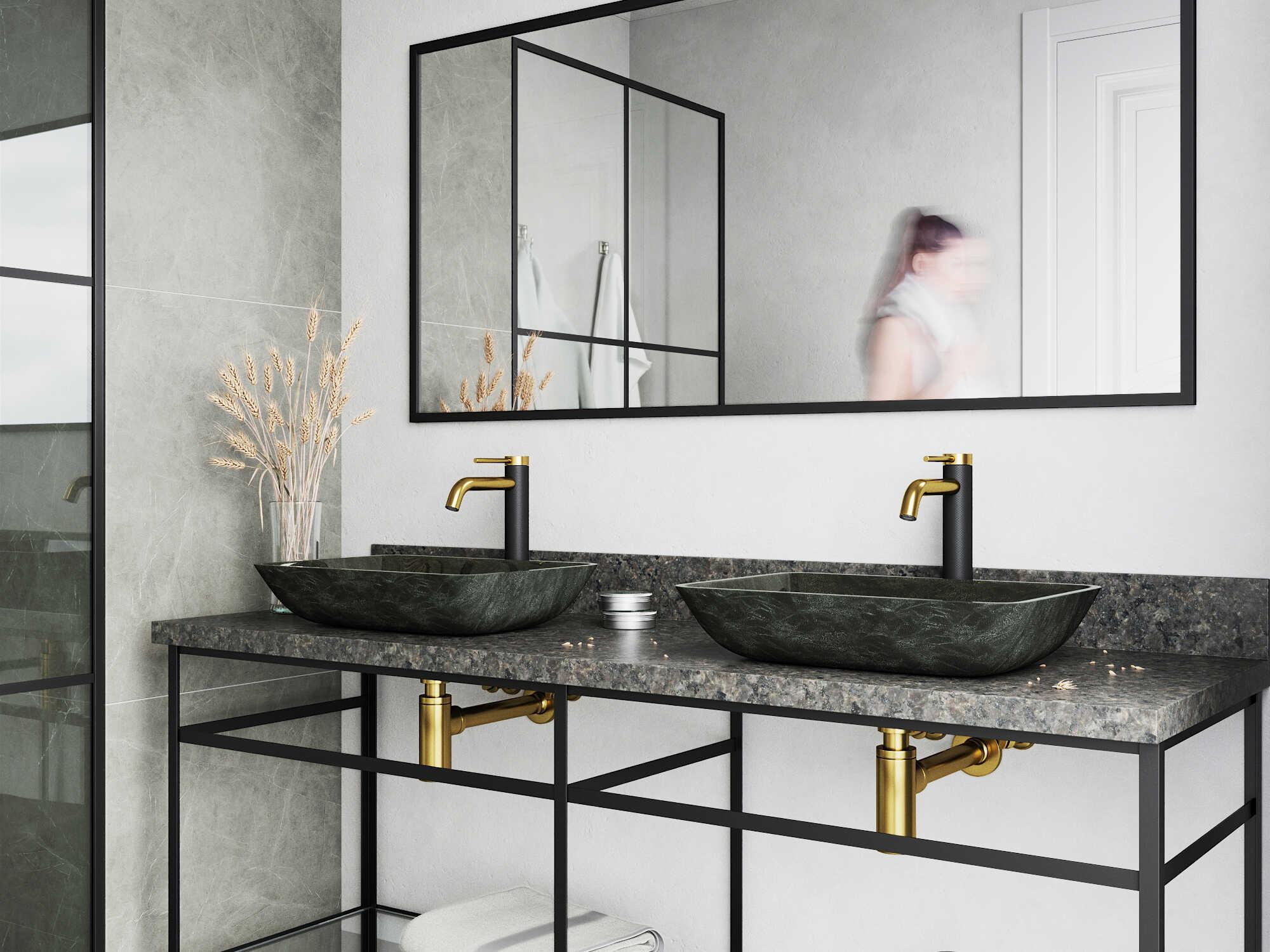 Vigo Onyx Gray 18" Rectangular Vessel Bathroom Sink Set with Matte Brushed Gold / Matte Black Lexington Faucet