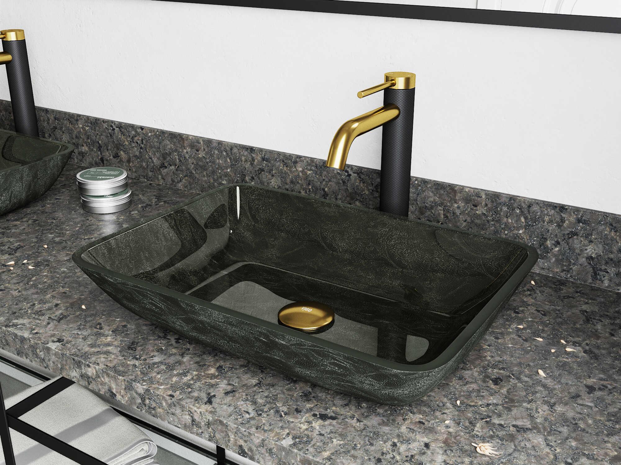 Vigo Onyx Gray 18" Rectangular Vessel Bathroom Sink Set with Matte Brushed Gold / Matte Black Lexington Faucet
