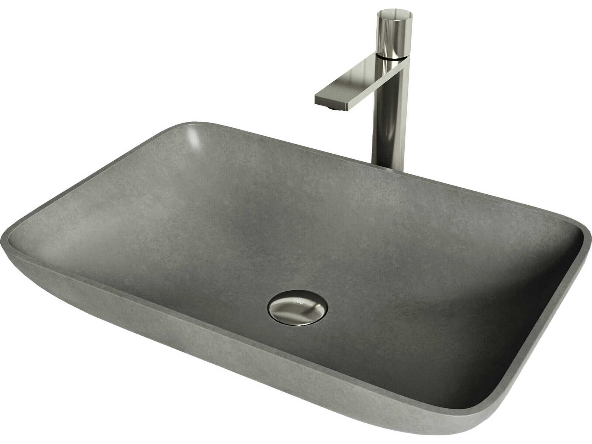 Vigo Concreto Stone Rectangular Vessel Bathroom Sink with Gotham Faucet and Pop-Up Drain