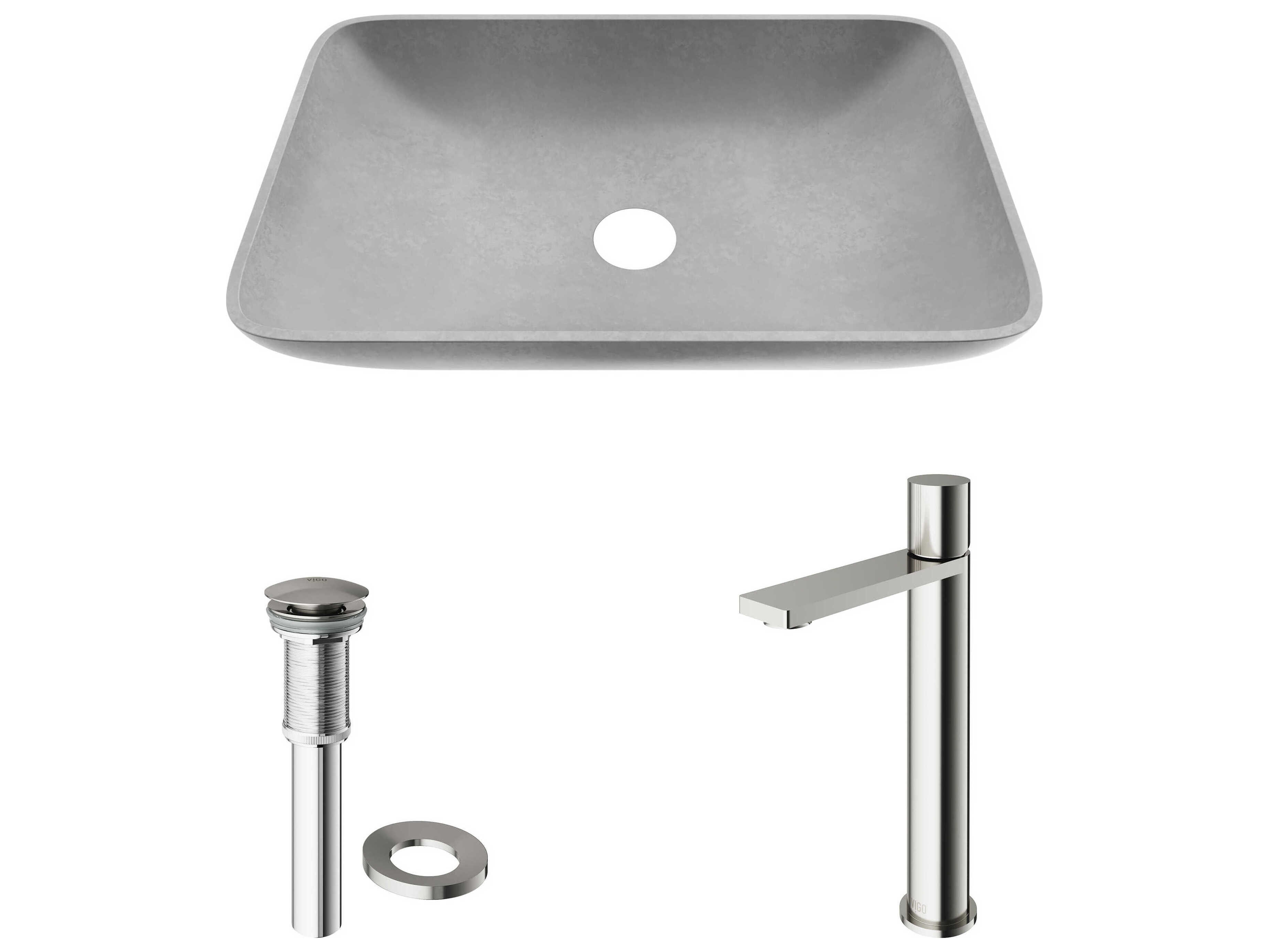 Vigo Concreto Stone Rectangular Vessel Bathroom Sink with Gotham Faucet and Pop-Up Drain