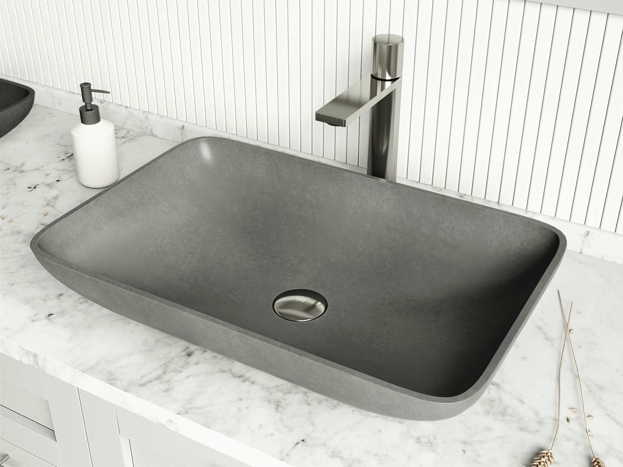 Vigo Concreto Stone Rectangular Vessel Bathroom Sink with Gotham Faucet and Pop-Up Drain