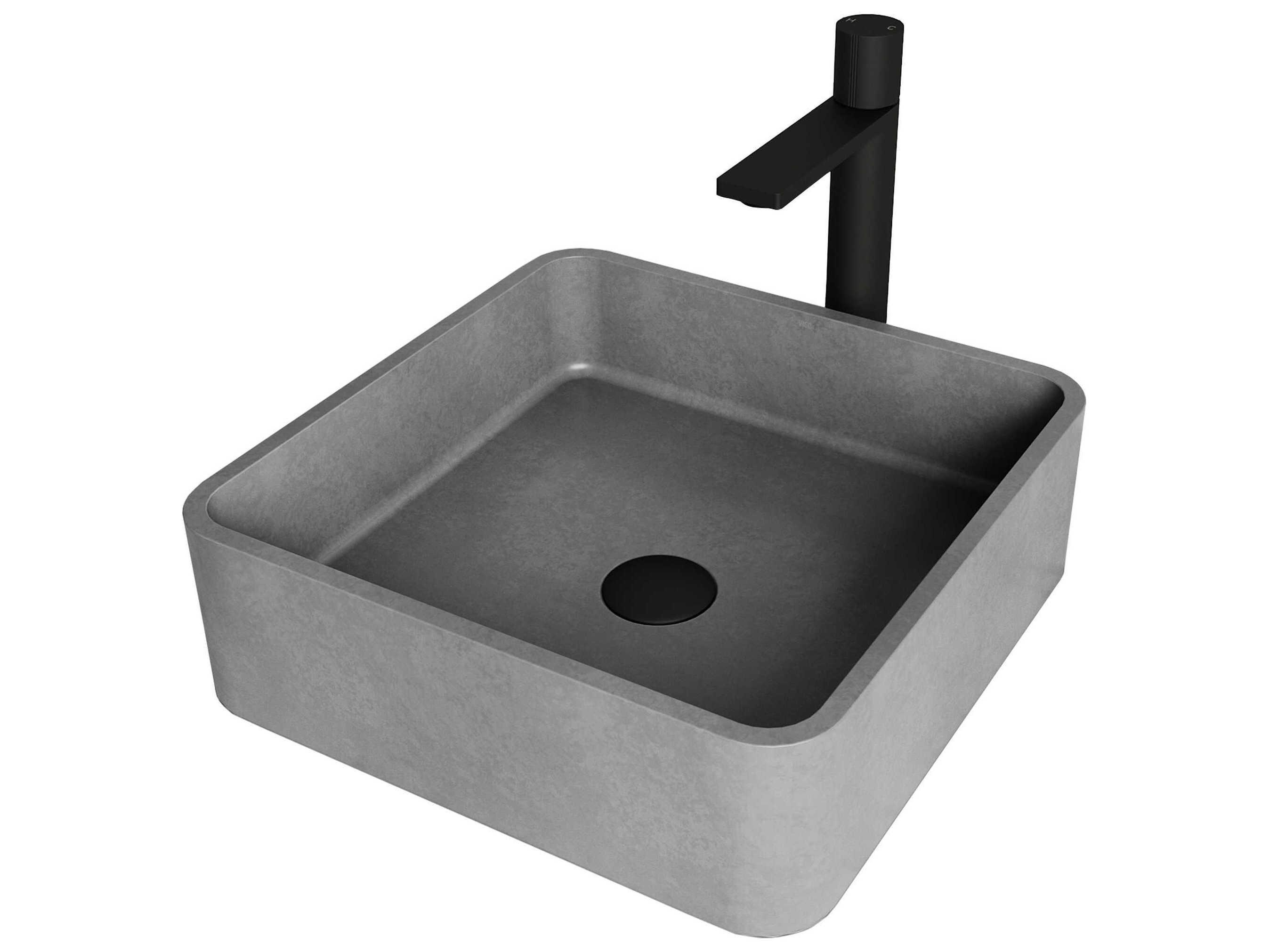 Vigo Concreto Stone Square Vessel Bathroom Sink with Gotham Faucet and Pop-Up Drain
