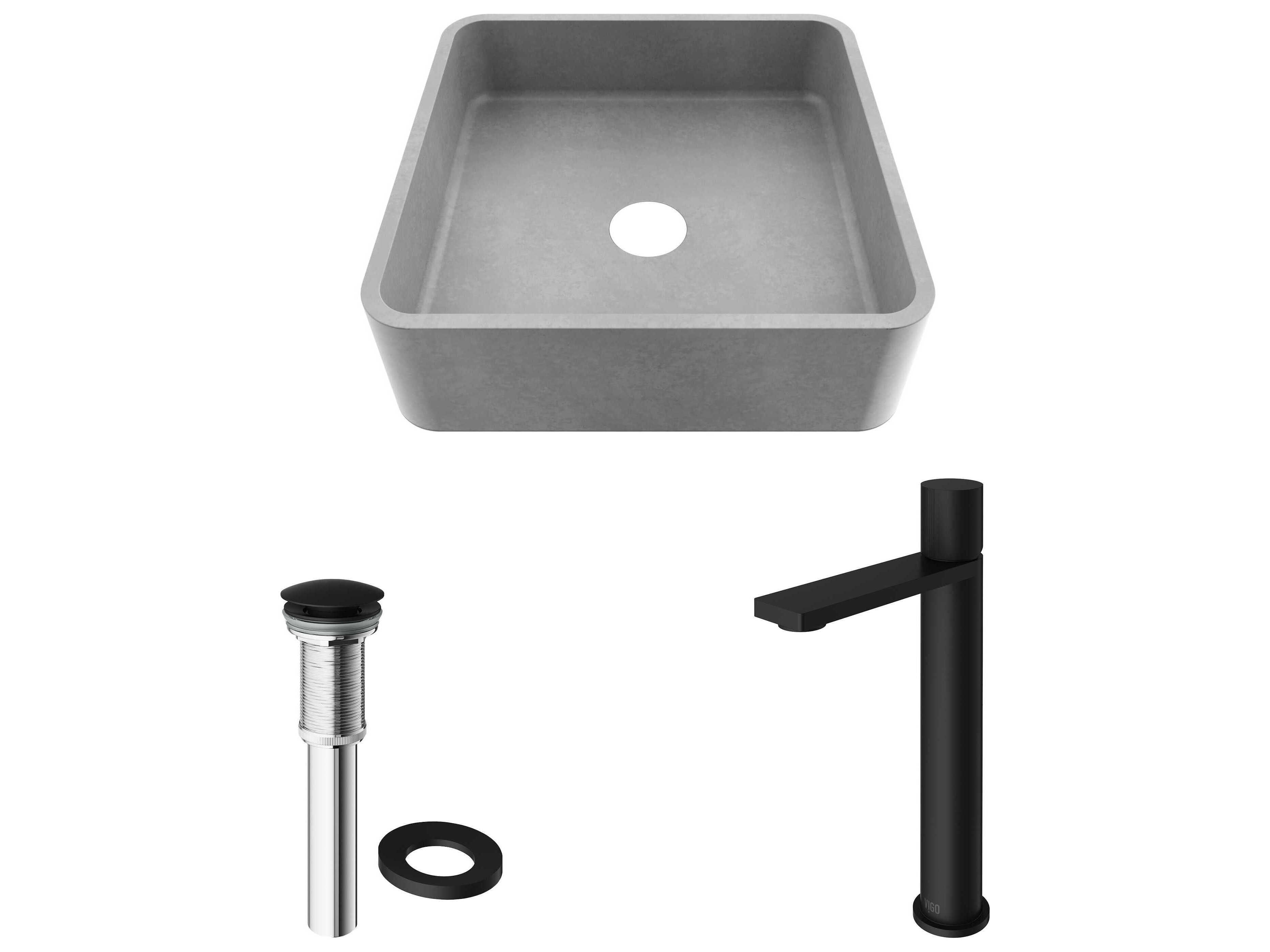 Vigo Concreto Stone Square Vessel Bathroom Sink with Gotham Faucet and Pop-Up Drain