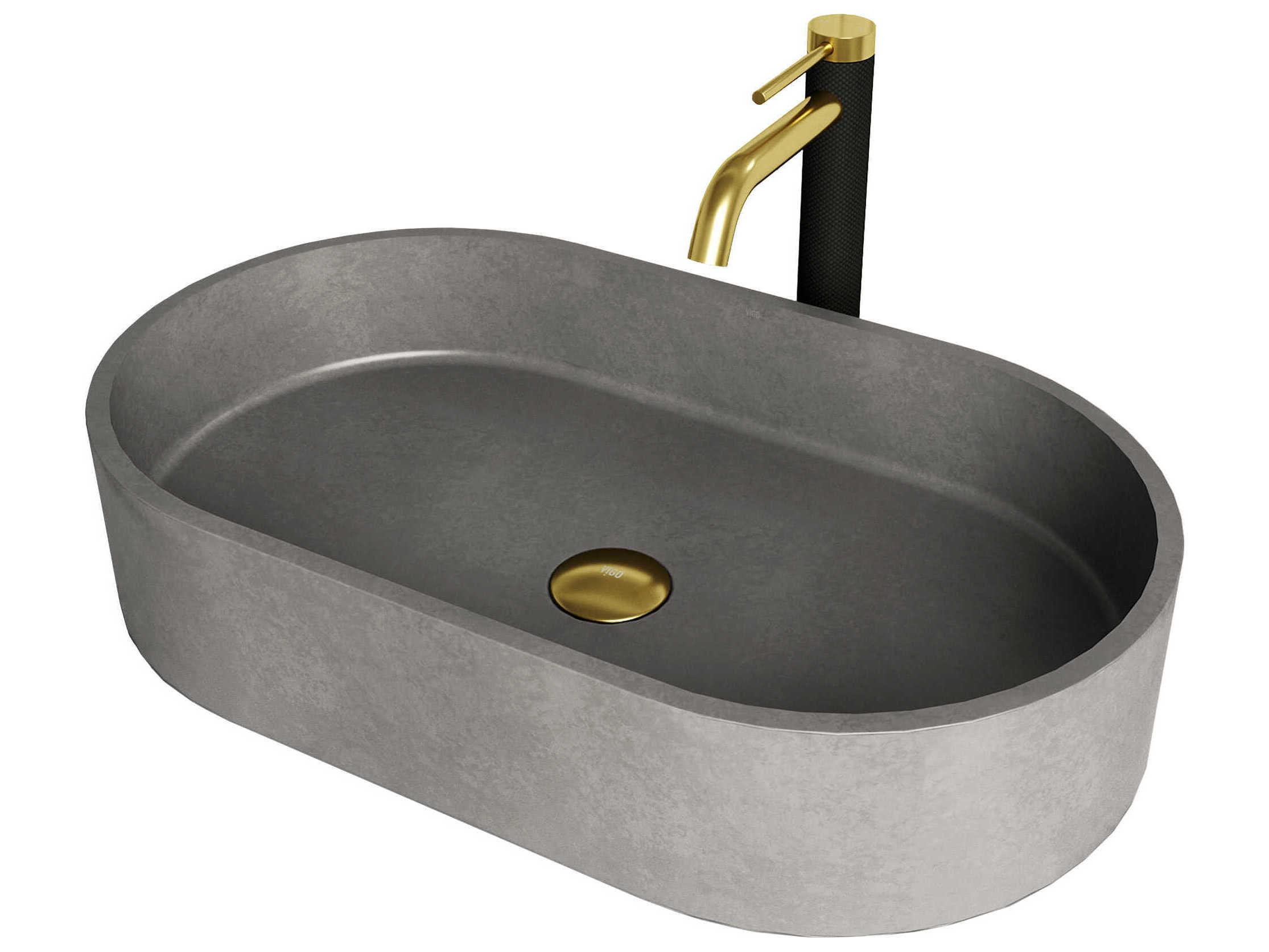 Vigo Concreto Stone Oval Vessel Bathroom Sink with Lexington Faucet and Pop-Up Drain