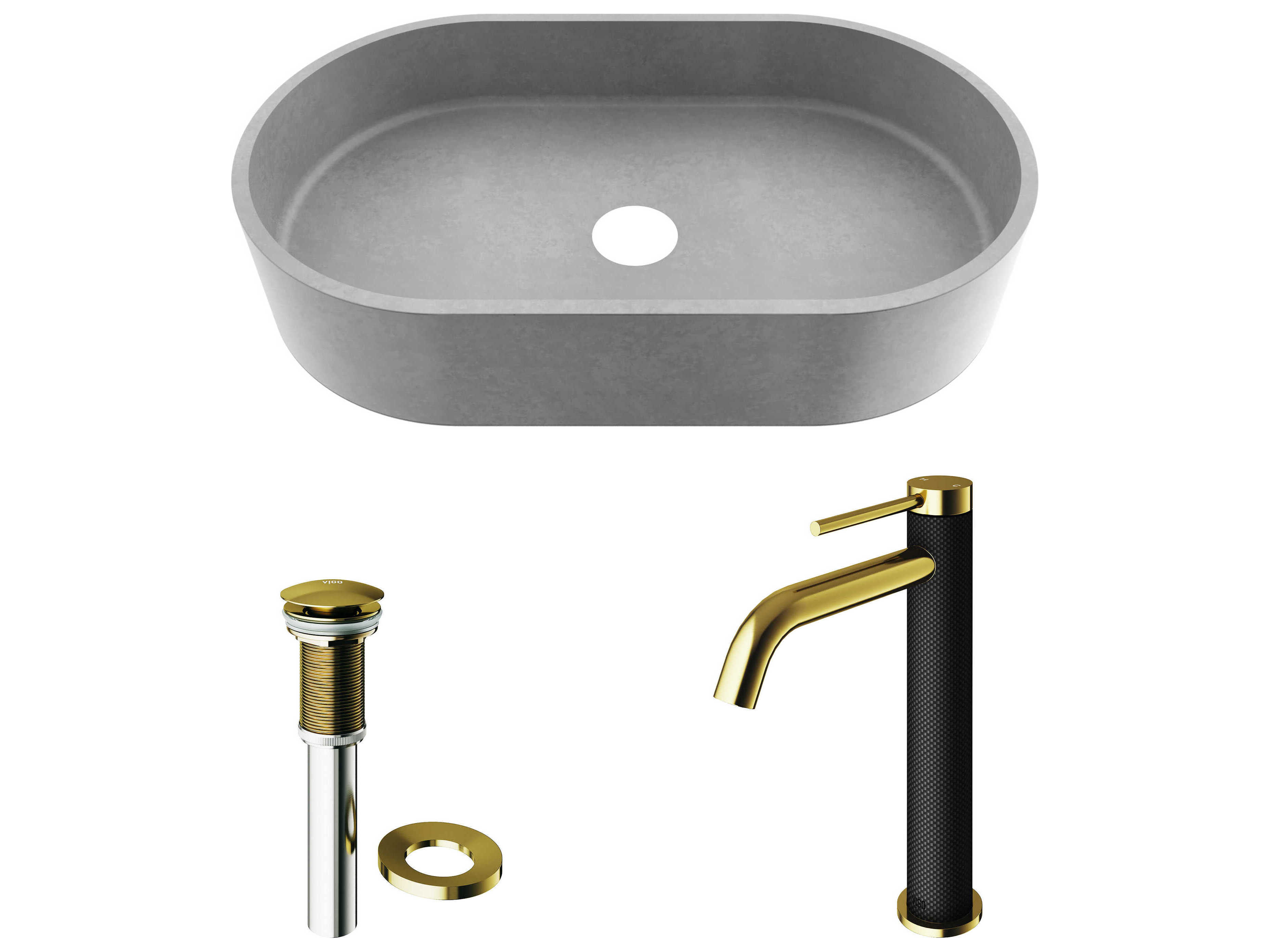 Vigo Concreto Stone Oval Vessel Bathroom Sink with Lexington Faucet and Pop-Up Drain