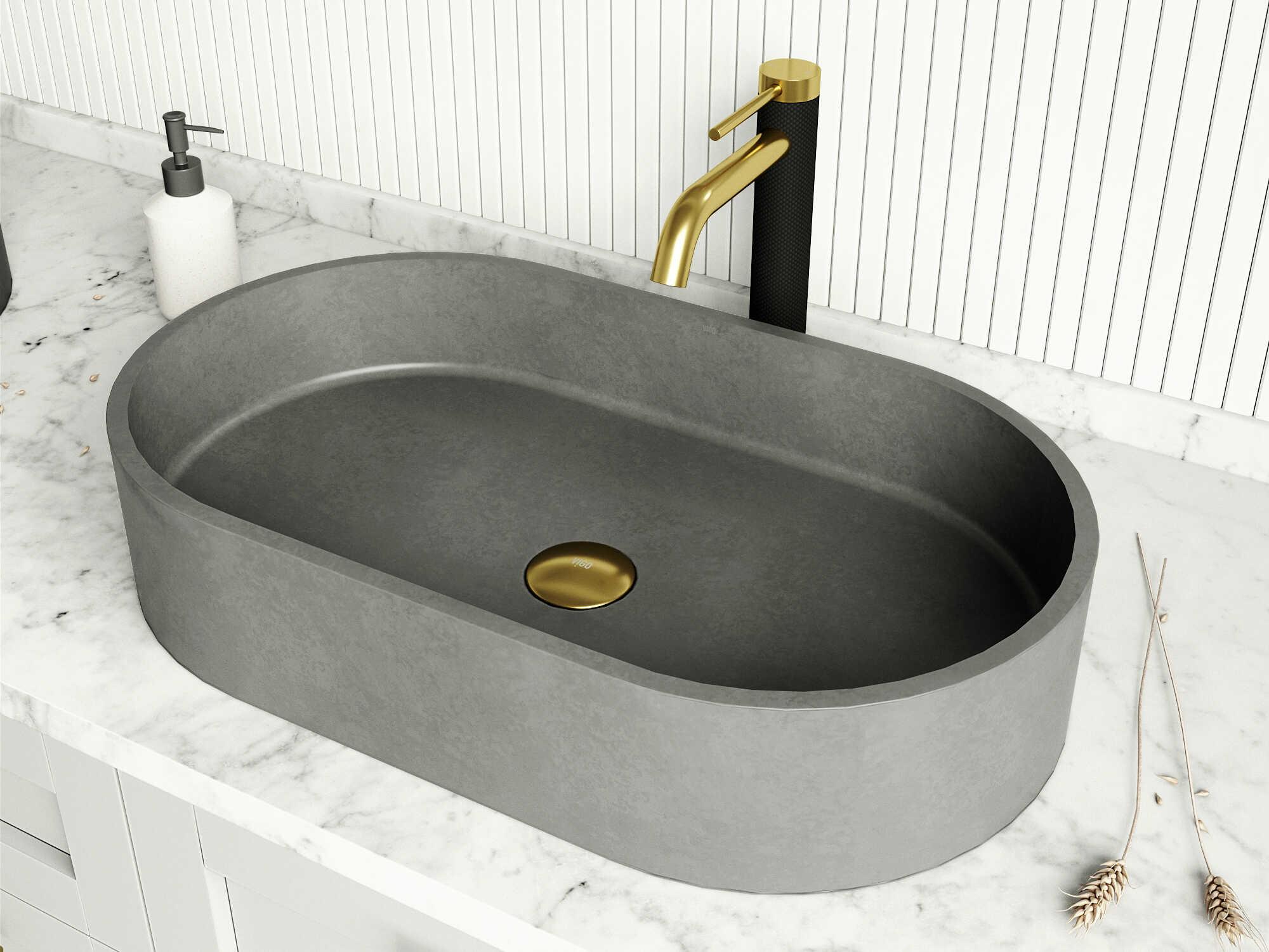 Vigo Concreto Stone Oval Vessel Bathroom Sink with Lexington Faucet and Pop-Up Drain
