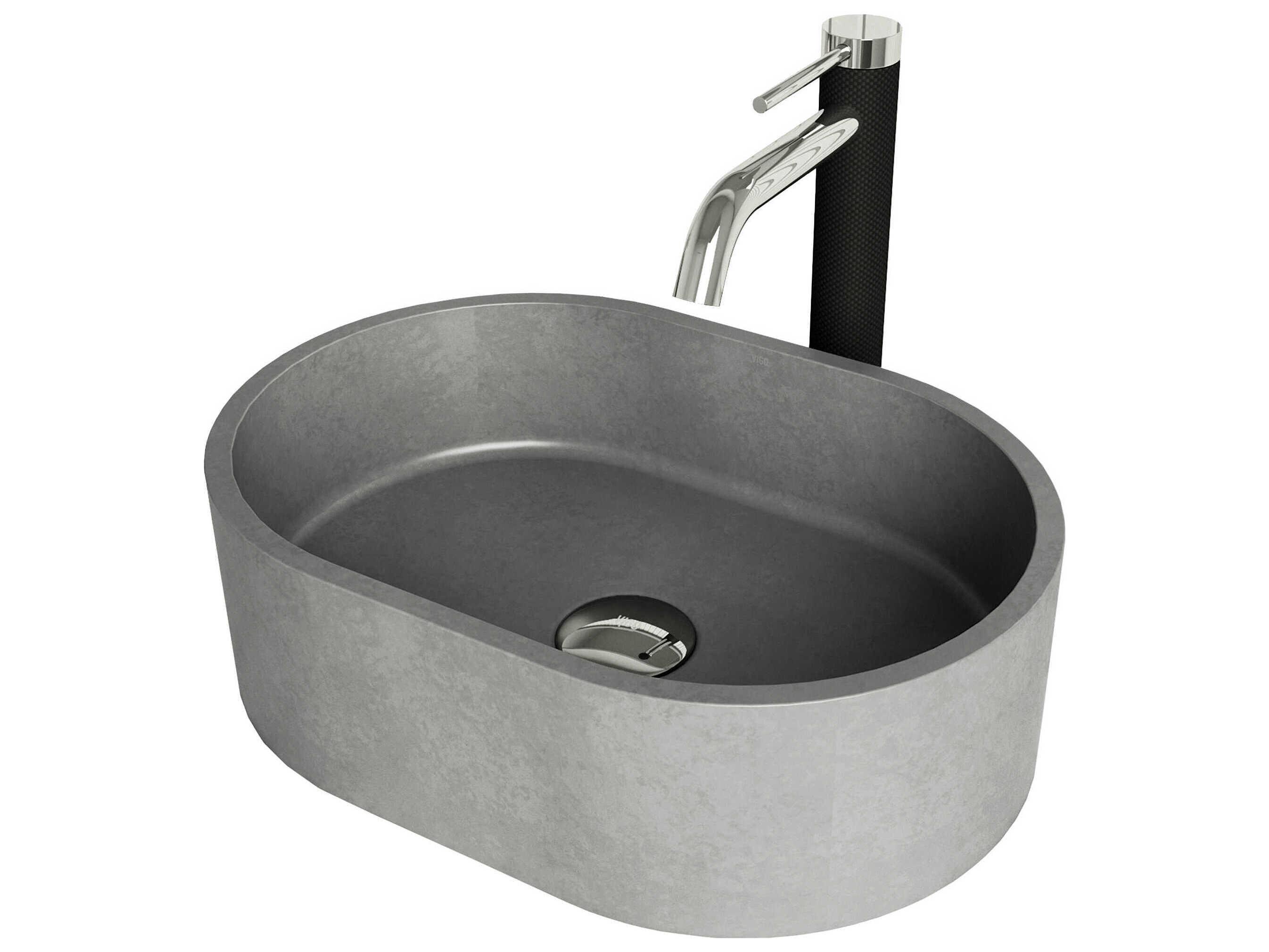 Vigo Concreto Stone Oval Vessel Bathroom Sink with Lexington Faucet and Pop-Up Drain