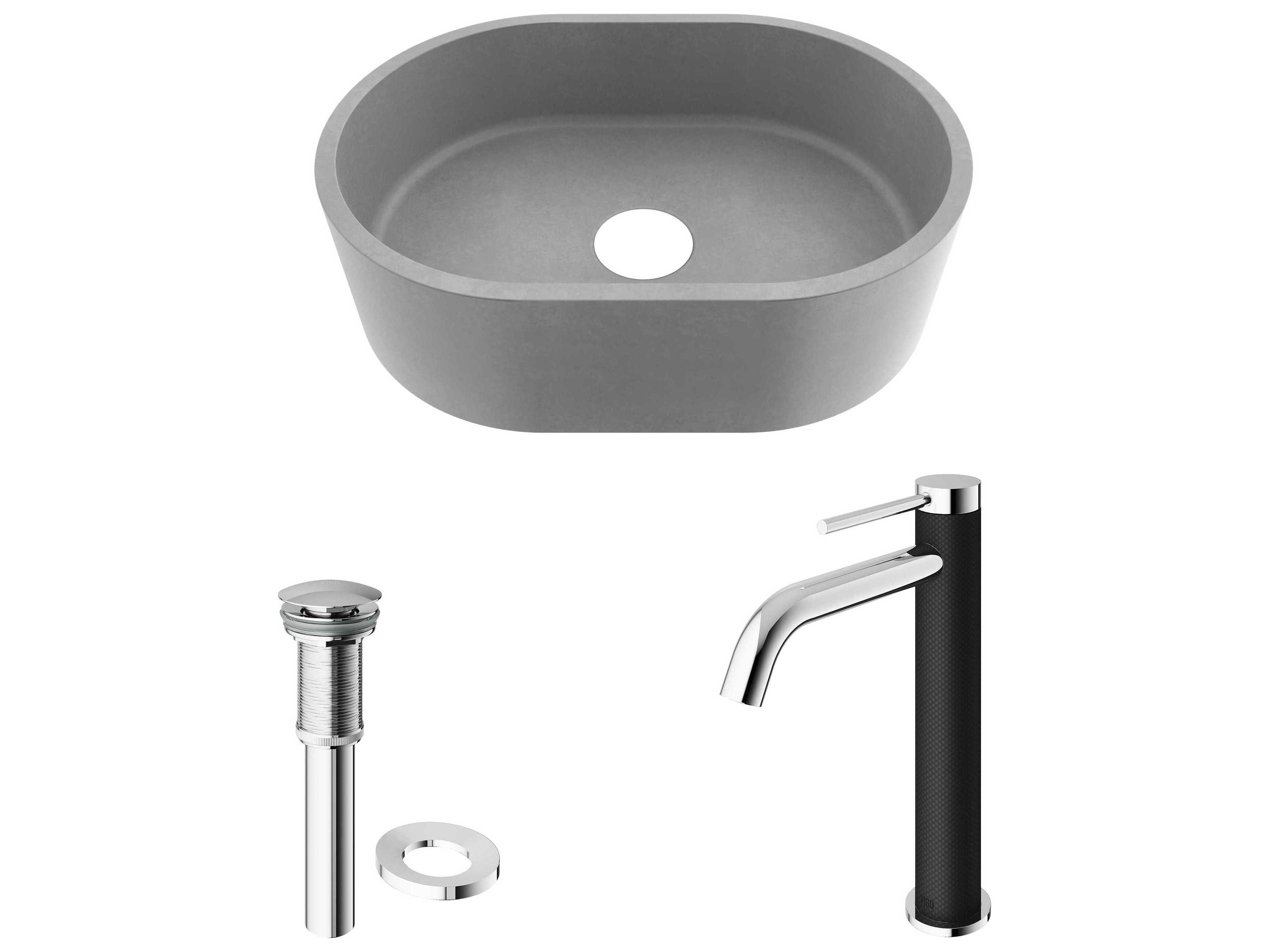 Vigo Concreto Stone Oval Vessel Bathroom Sink with Lexington Faucet and Pop-Up Drain