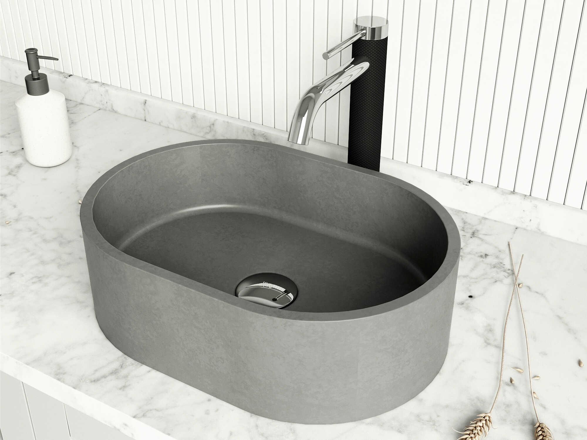 Vigo Concreto Stone Oval Vessel Bathroom Sink with Lexington Faucet and Pop-Up Drain