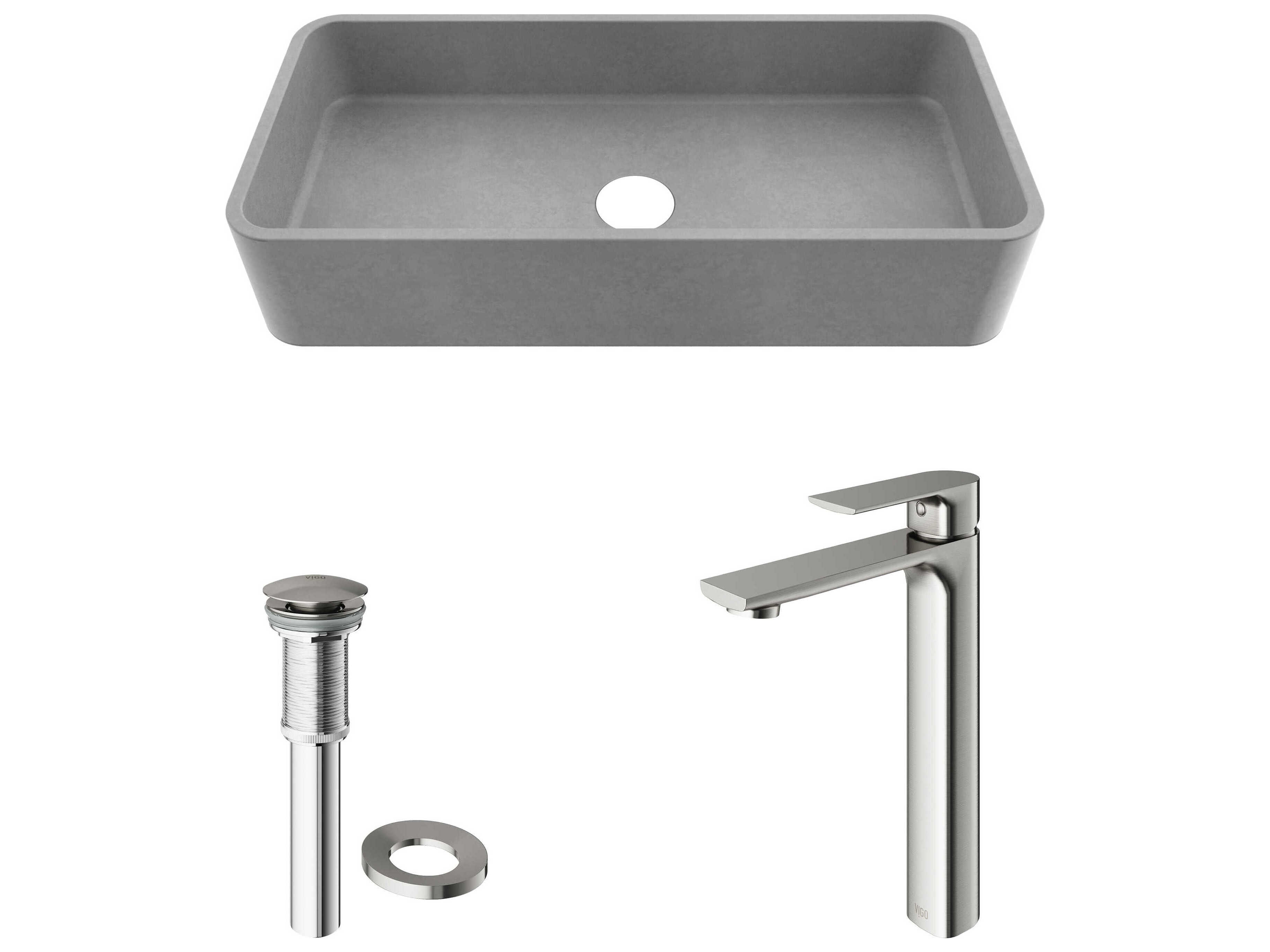 Vigo Concreto Stone Rectangular Vessel Bathroom Sink with Norfolk Faucet and Pop-Up Drain