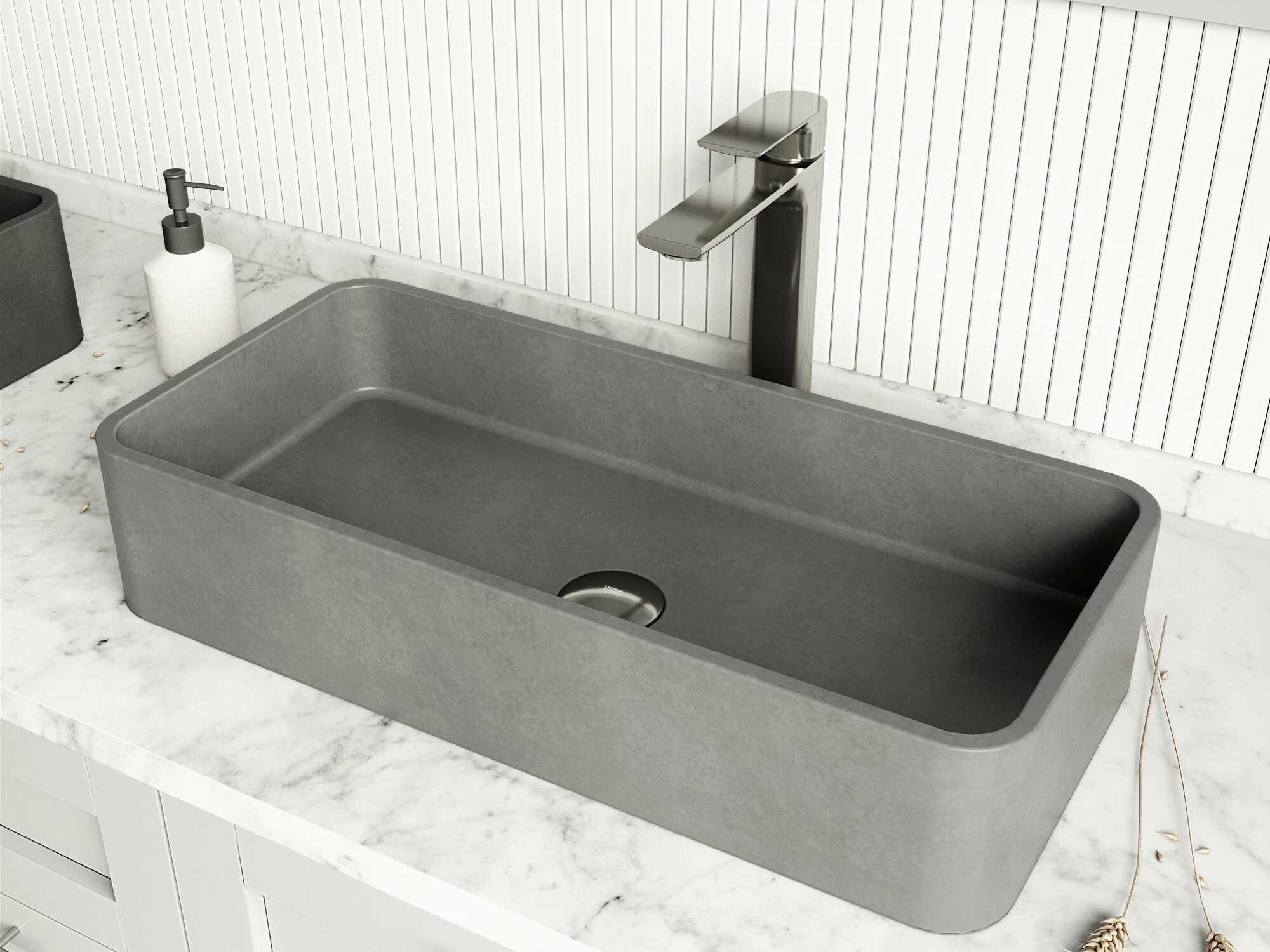 Vigo Concreto Stone Rectangular Vessel Bathroom Sink with Norfolk Faucet and Pop-Up Drain