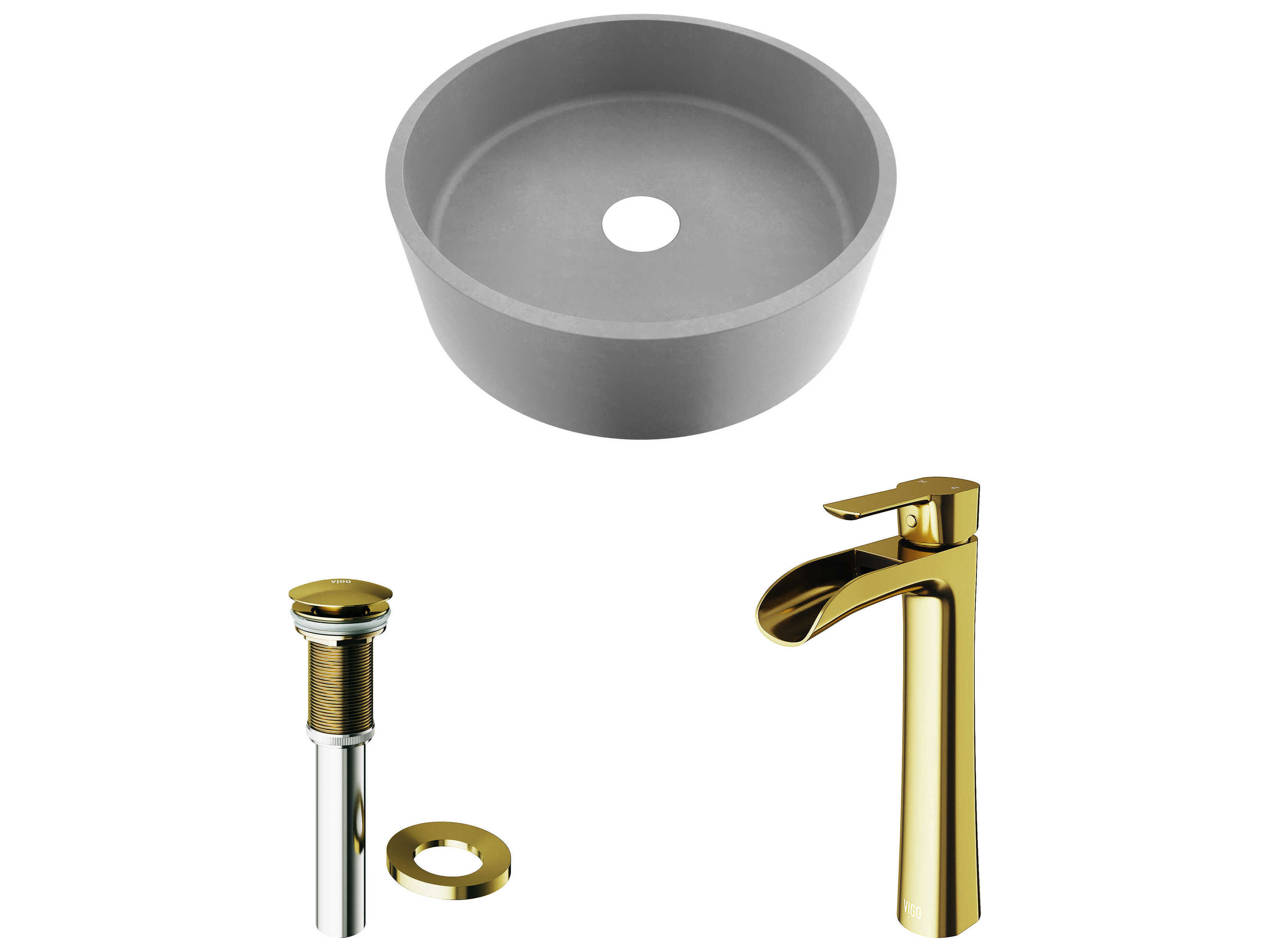 Vigo Concreto Stone Concrete Round Vessel Bathroom Sink with Niko Faucet and Pop-Up Drain