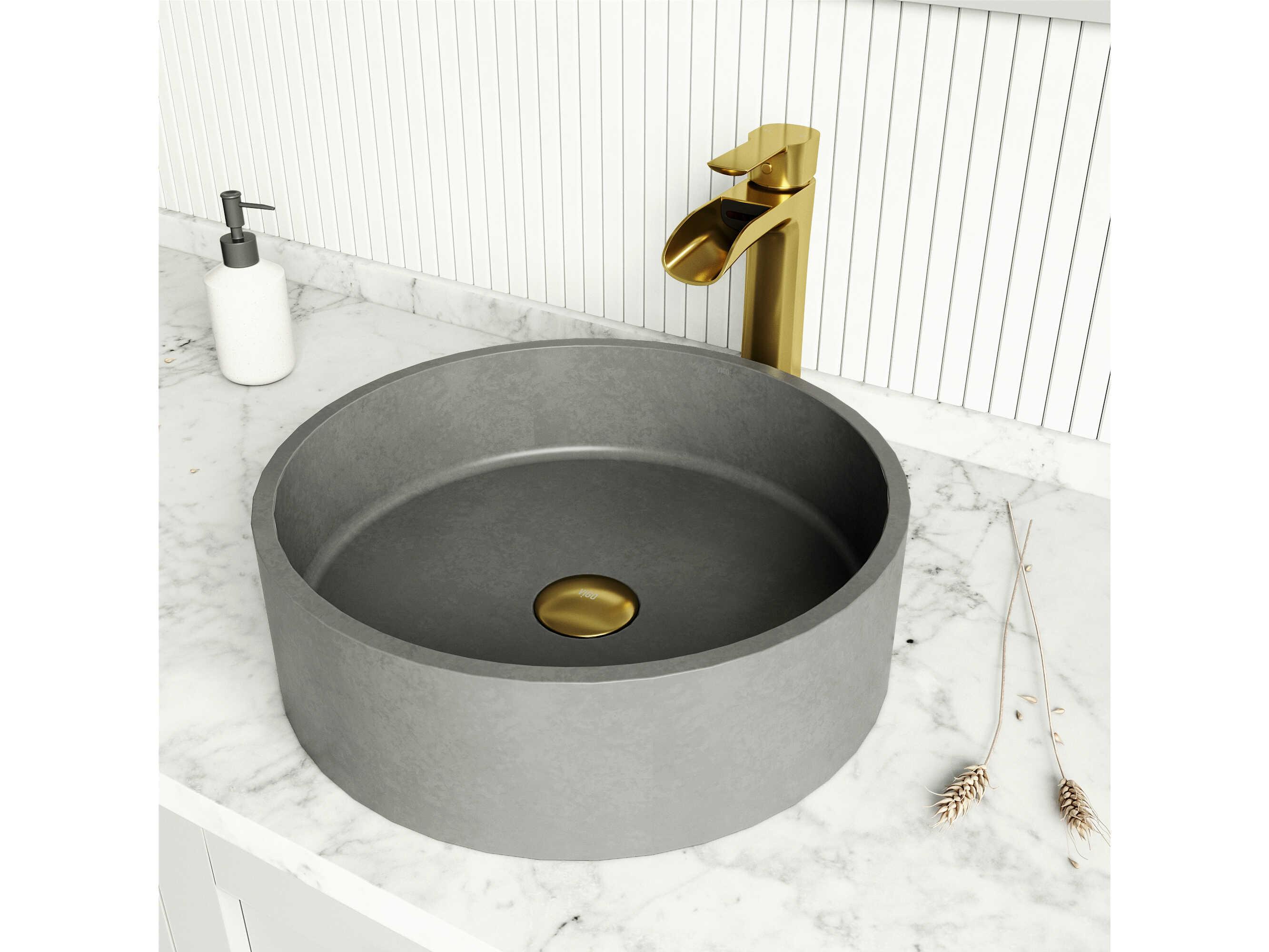 Vigo Concreto Stone Concrete Round Vessel Bathroom Sink with Niko Faucet and Pop-Up Drain
