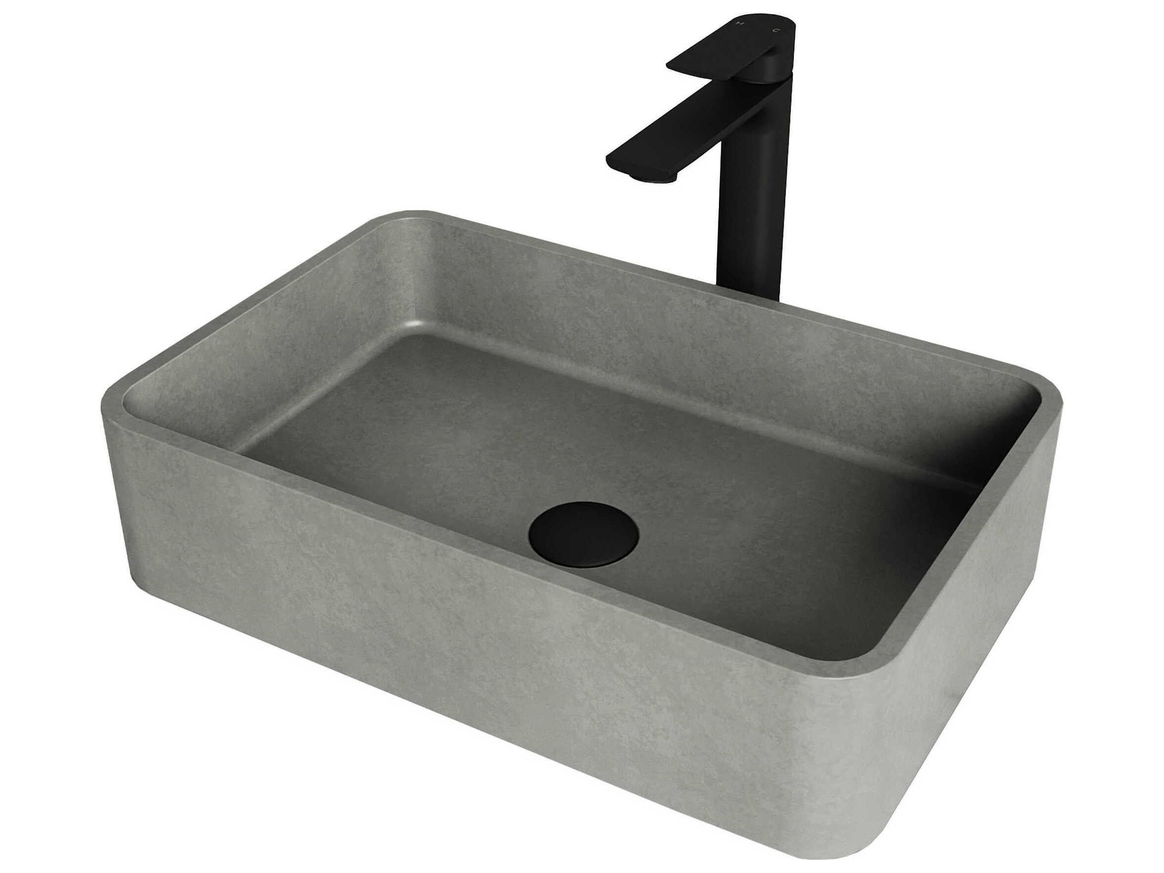 Vigo Concreto Stone Rectangular Vessel Bathroom Sink with Norfolk Faucet and Pop-Up Drain