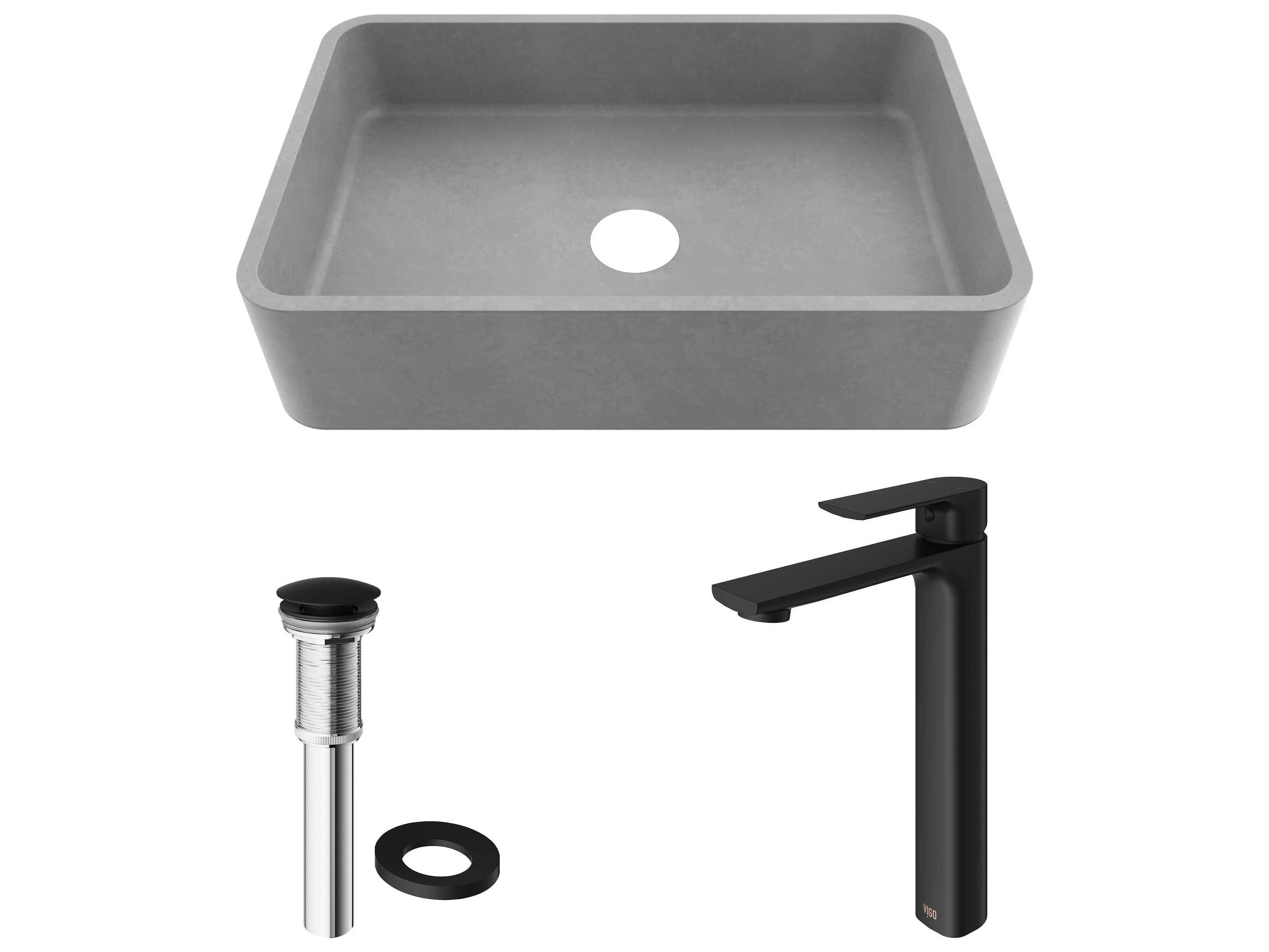 Vigo Concreto Stone Rectangular Vessel Bathroom Sink with Norfolk Faucet and Pop-Up Drain