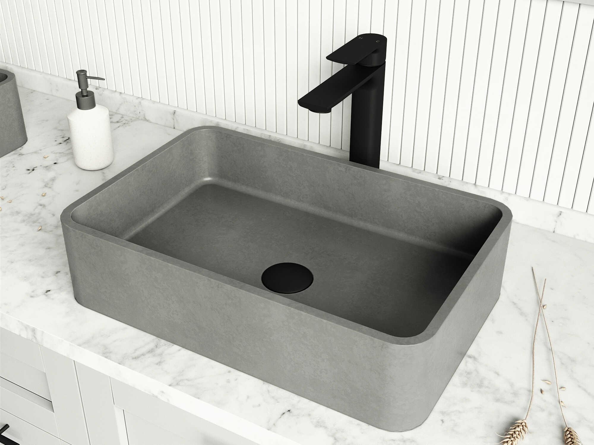 Vigo Concreto Stone Rectangular Vessel Bathroom Sink with Norfolk Faucet and Pop-Up Drain