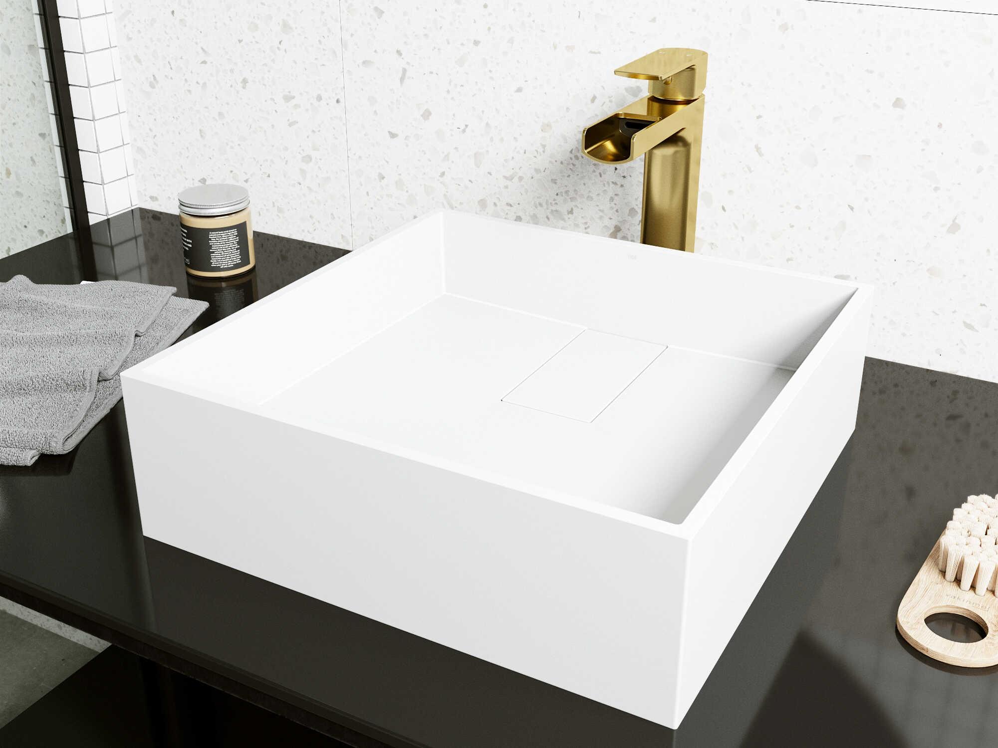 Vigo Bryant Matte Stone Square Vessel Bathroom Sink with Amada Faucet and Drain
