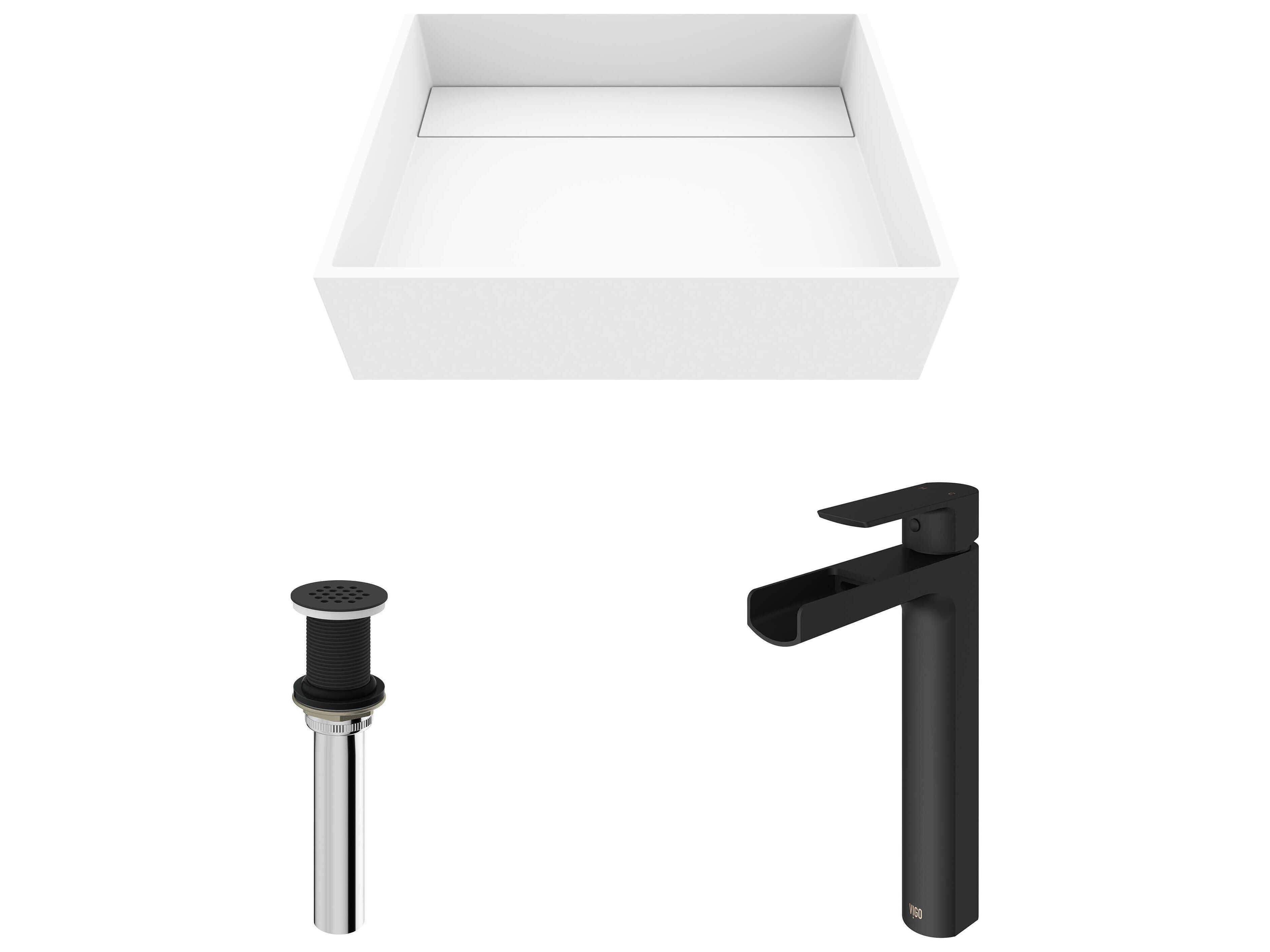 Vigo Montauk Rectangular Vessel Bathroom Sink with Amada Faucet and Drain