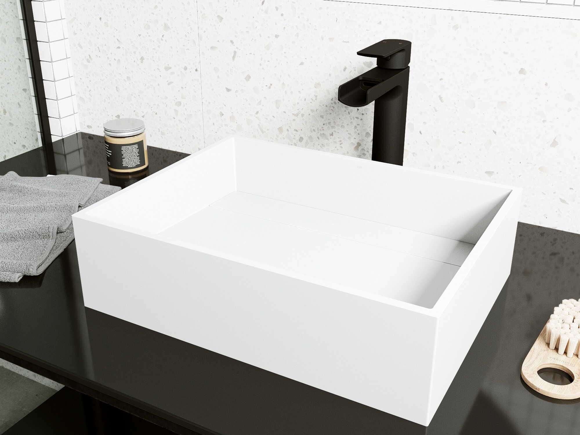 Vigo Montauk Rectangular Vessel Bathroom Sink with Amada Faucet and Drain