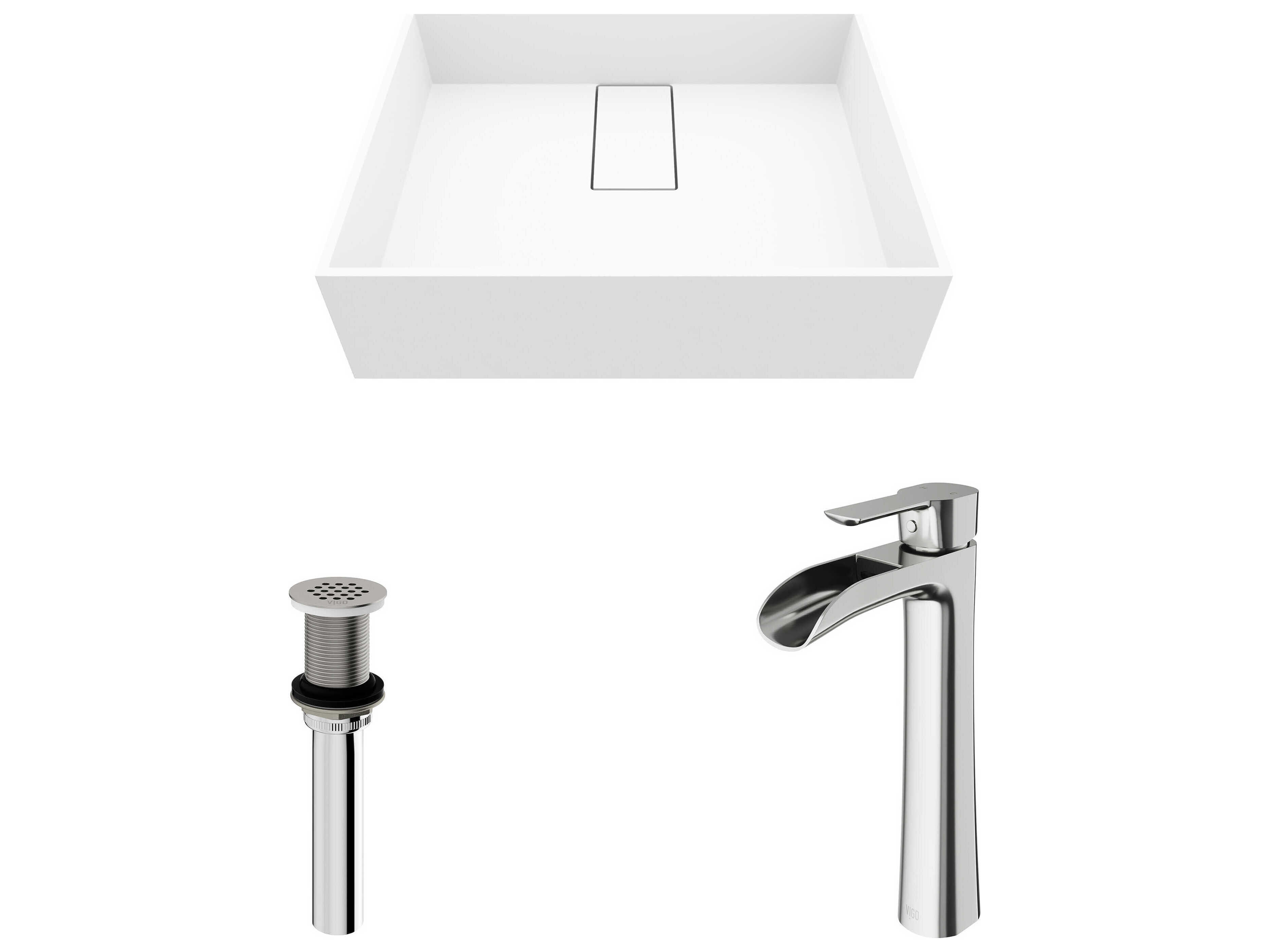 Vigo Bryant Matte Stone Rectangular Vessel Bathroom Sink with Niko Faucet and Drain