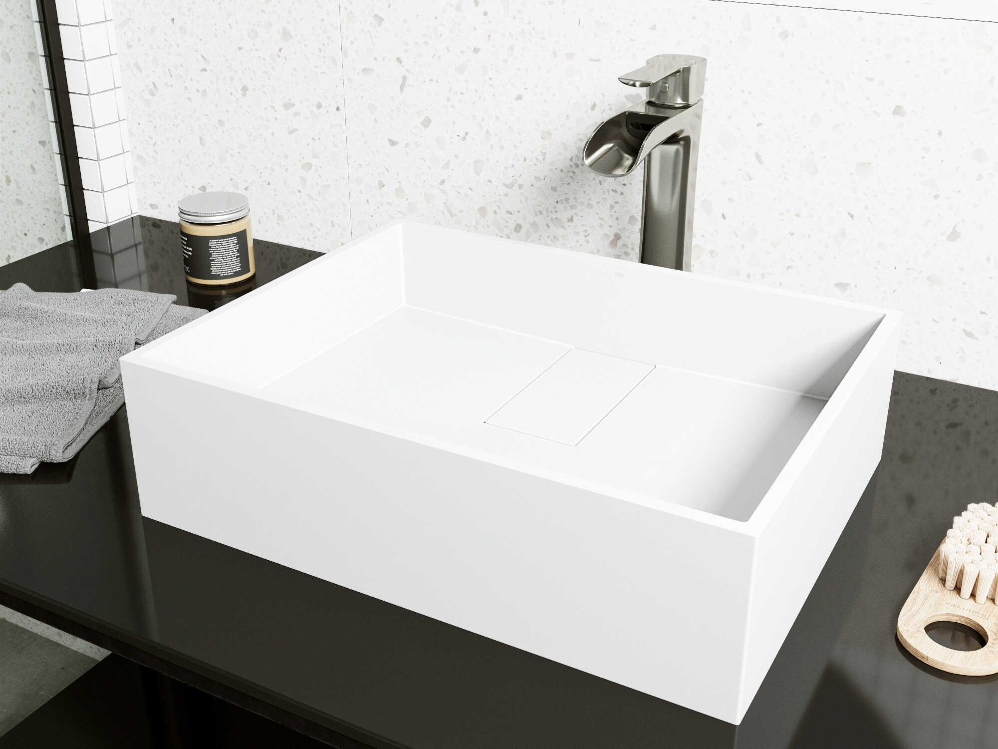Vigo Bryant Matte Stone Rectangular Vessel Bathroom Sink with Niko Faucet and Drain