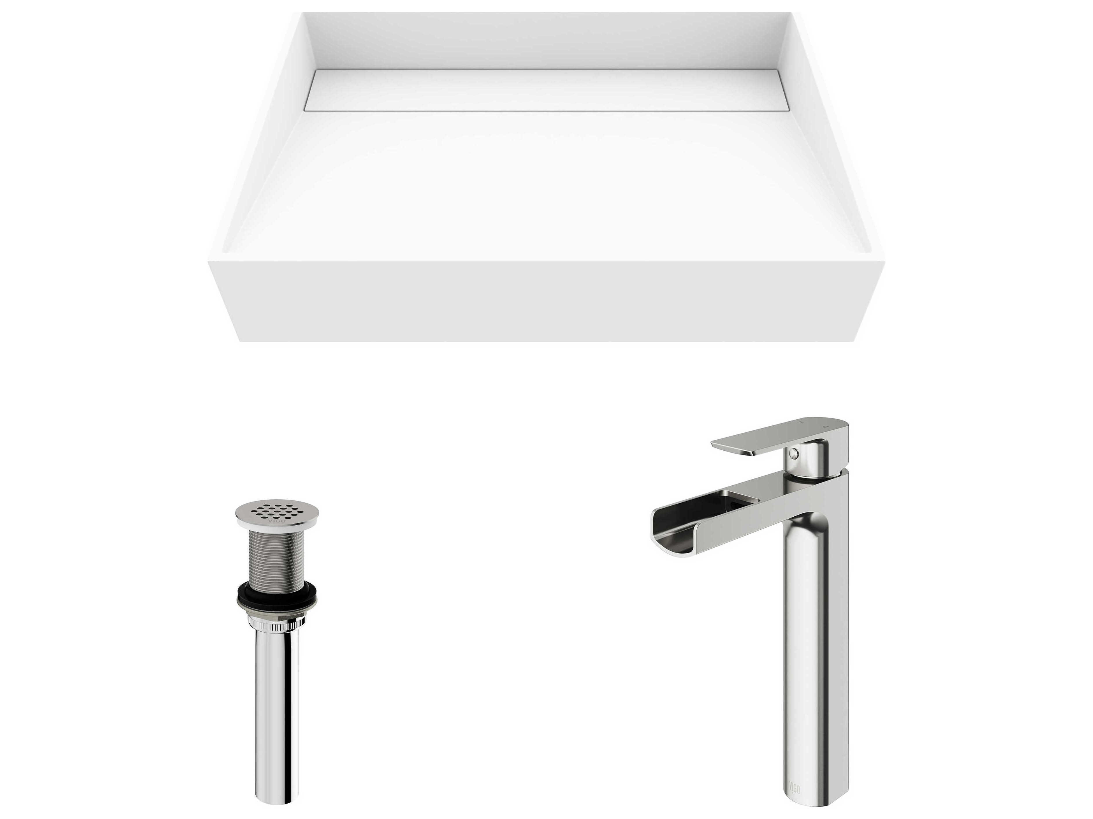 Vigo Starr Rectangular Vessel Bathroom Sink with Amada Faucet and Drain