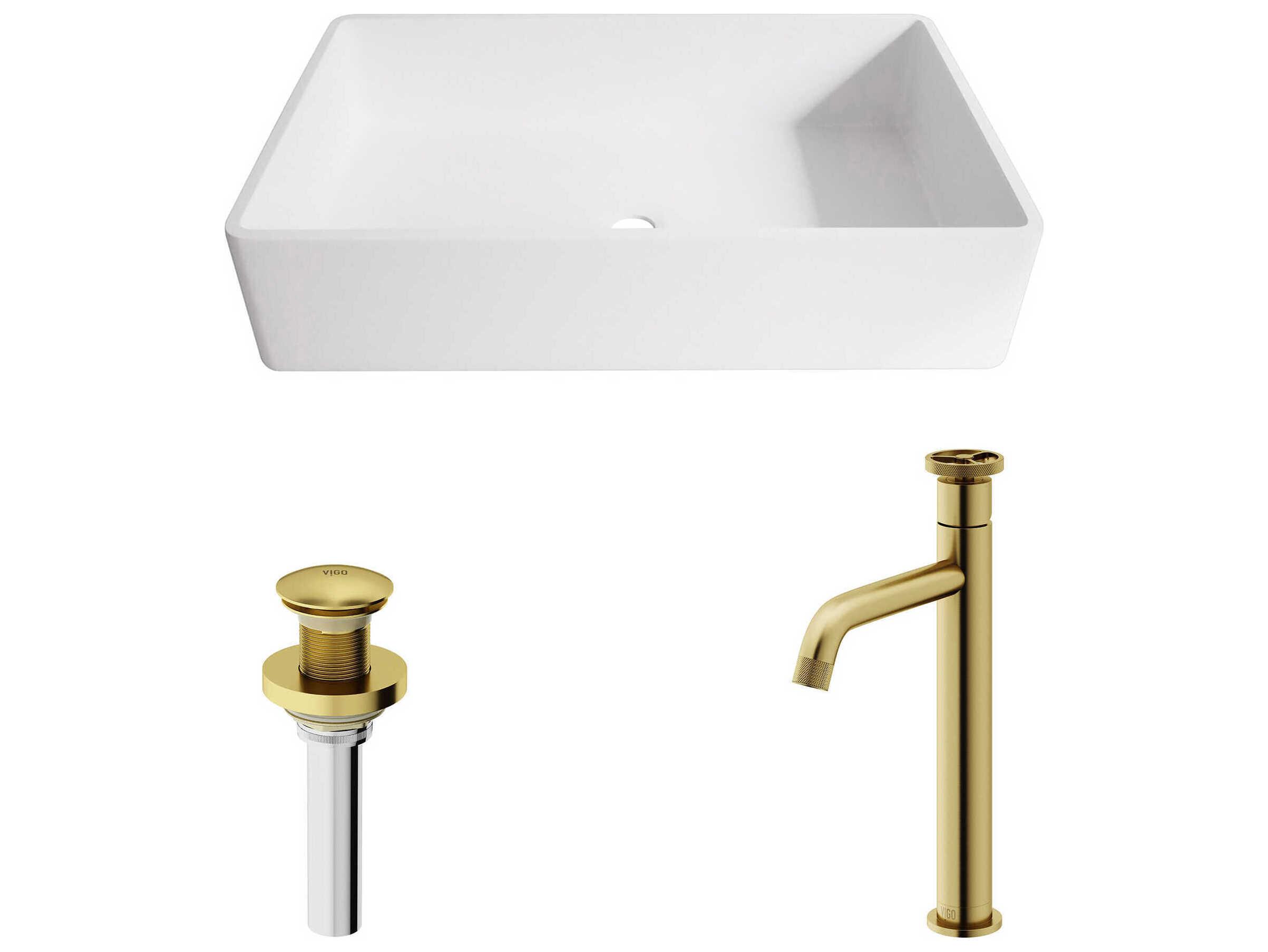 Vigo Magnolia Rectangular Vessel Bathroom Sink with Cass Faucet and Pop-Up Drain in Matte Gold