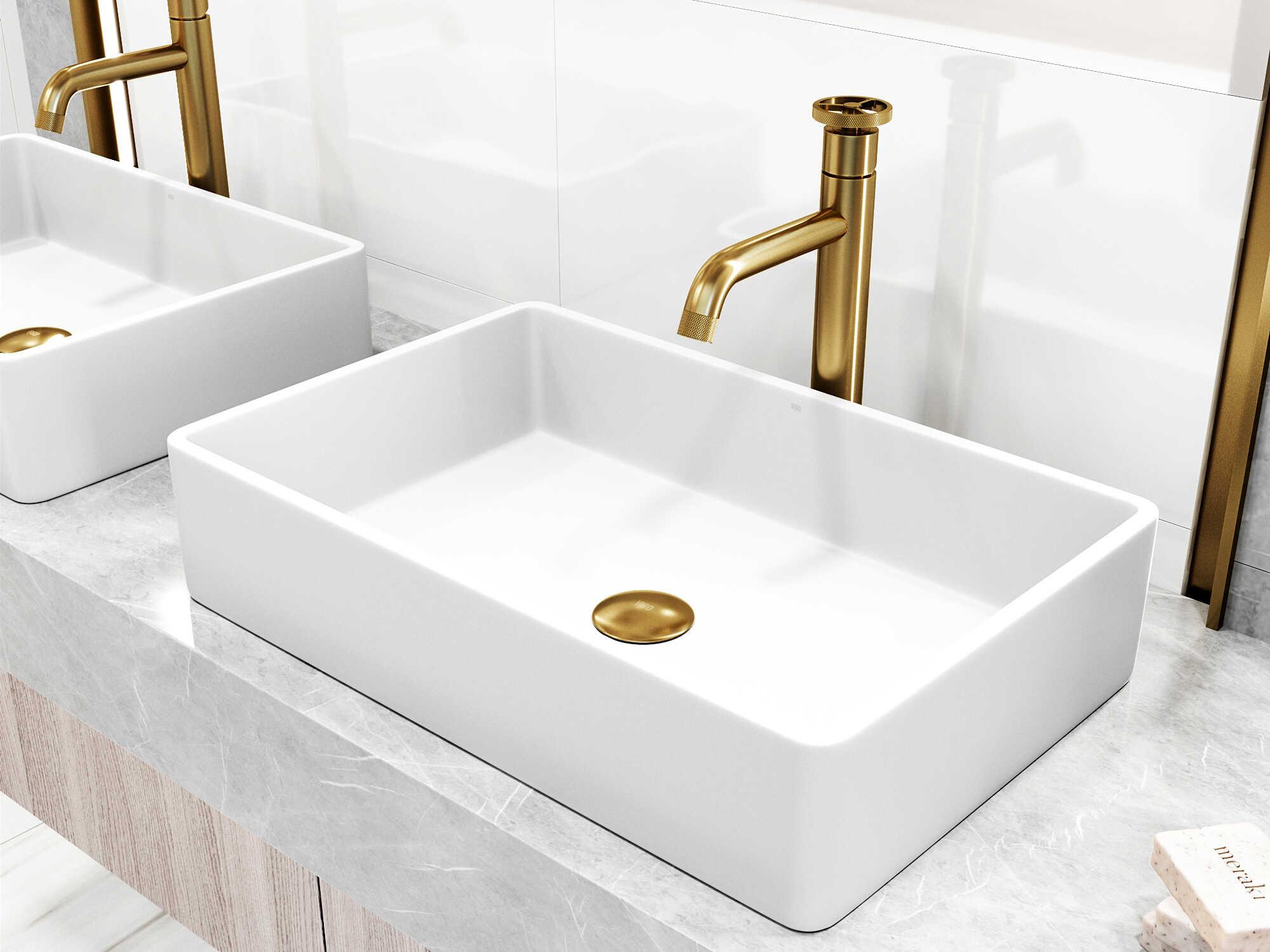 Vigo Magnolia Rectangular Vessel Bathroom Sink with Cass Faucet and Pop-Up Drain in Matte Gold