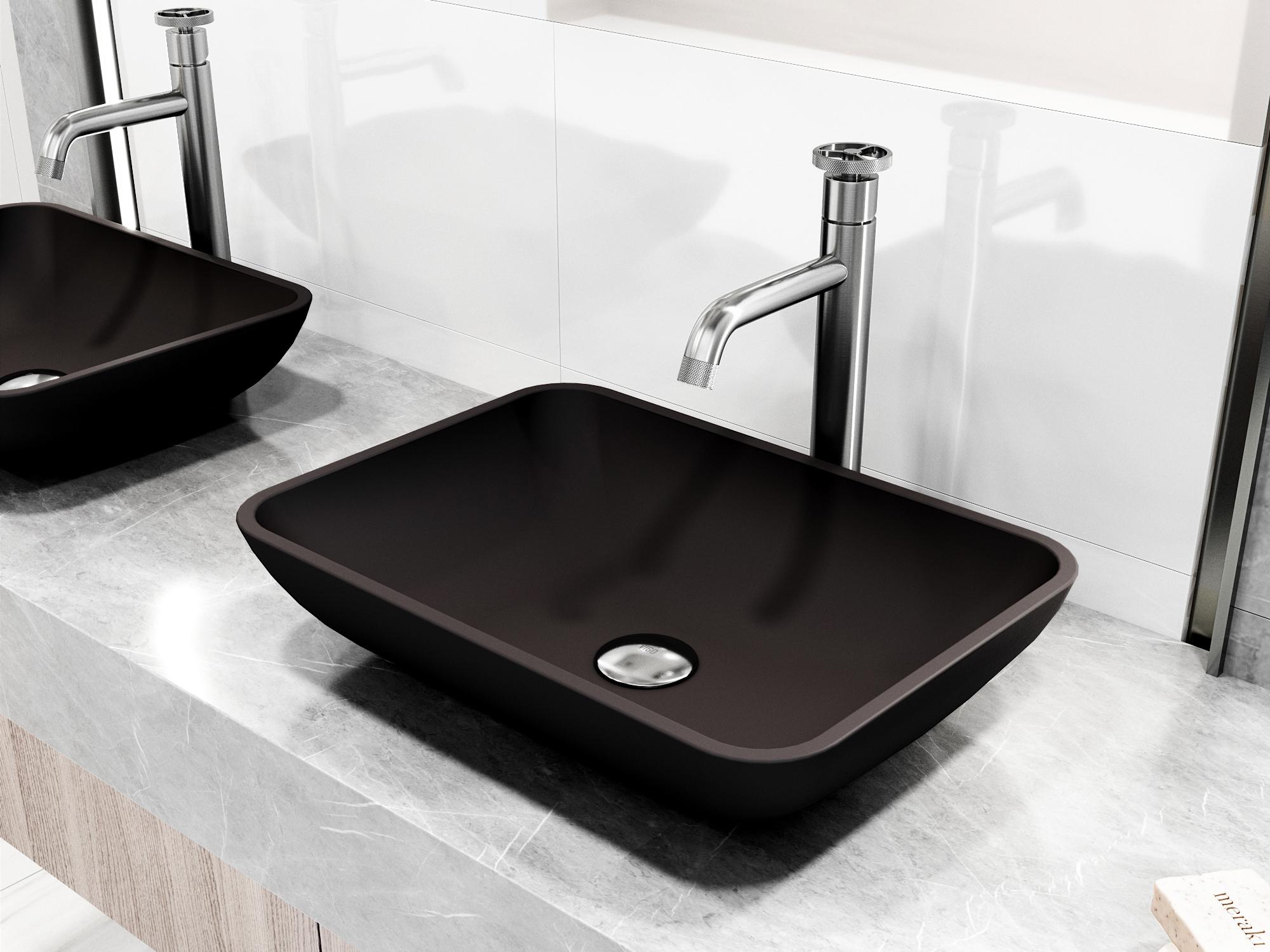 Vigo Sottile Black Glass Vessel Bathroom Sink - Pop-Up Drain in Brushed Nickel
