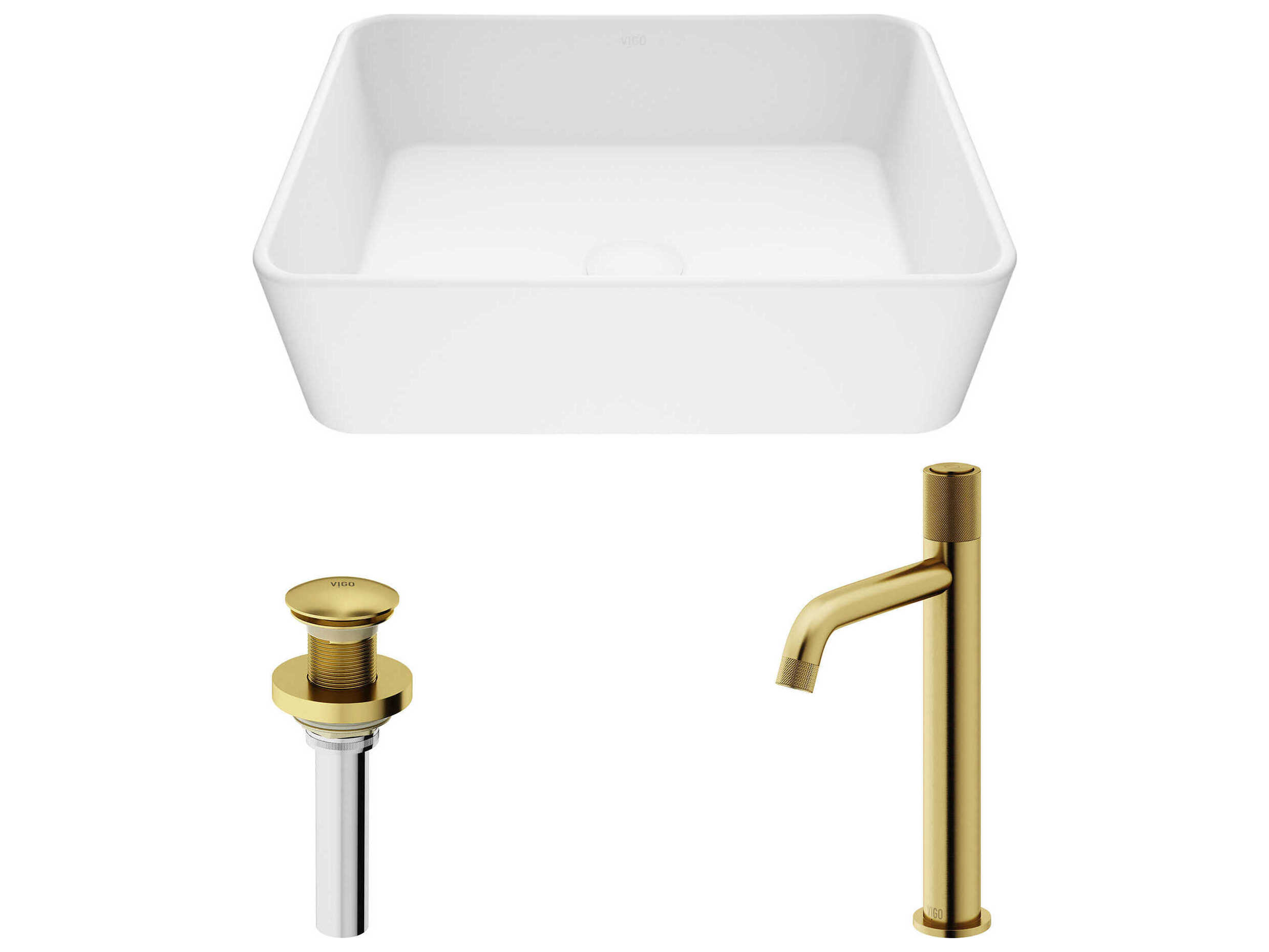 Vigo Marigold Rectangular Vessel Bathroom Sink with Faucet and Pop-Up Drain in Matte Gold