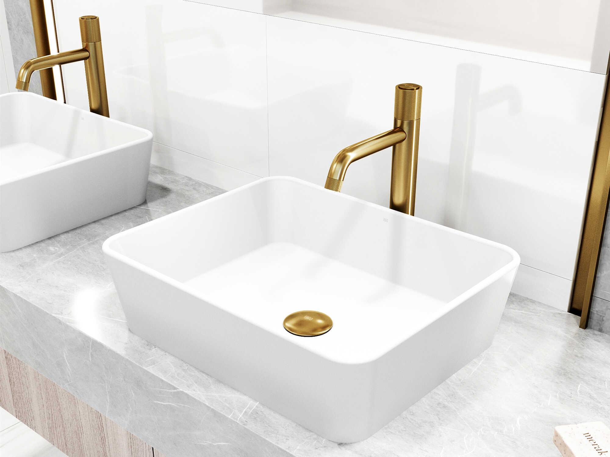 Vigo Marigold Rectangular Vessel Bathroom Sink with Faucet and Pop-Up Drain in Matte Gold