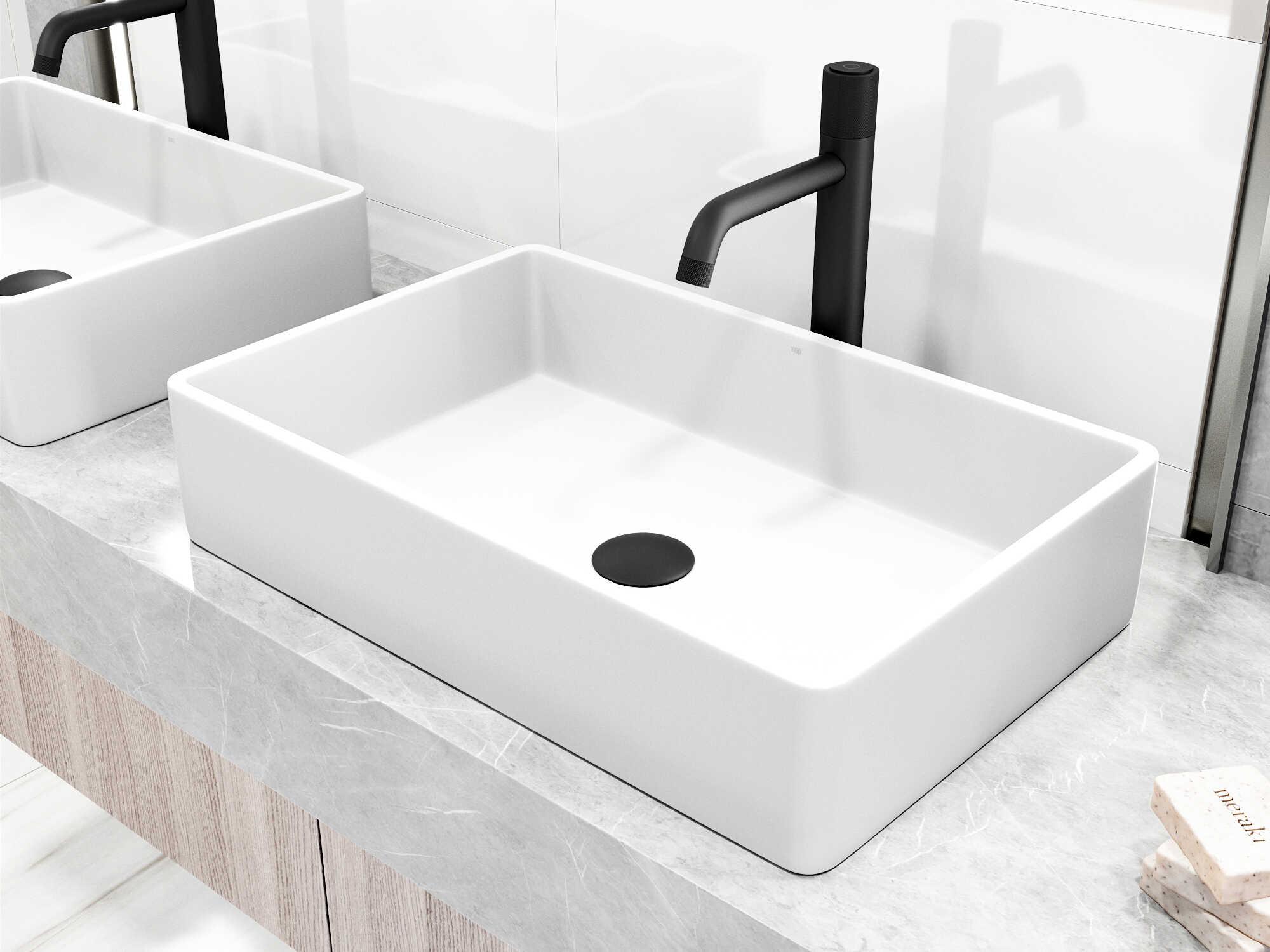 Vigo Magnolia Rectangular Vessel Bathroom Sink with Faucet and Pop-Up Drain in Matte Black