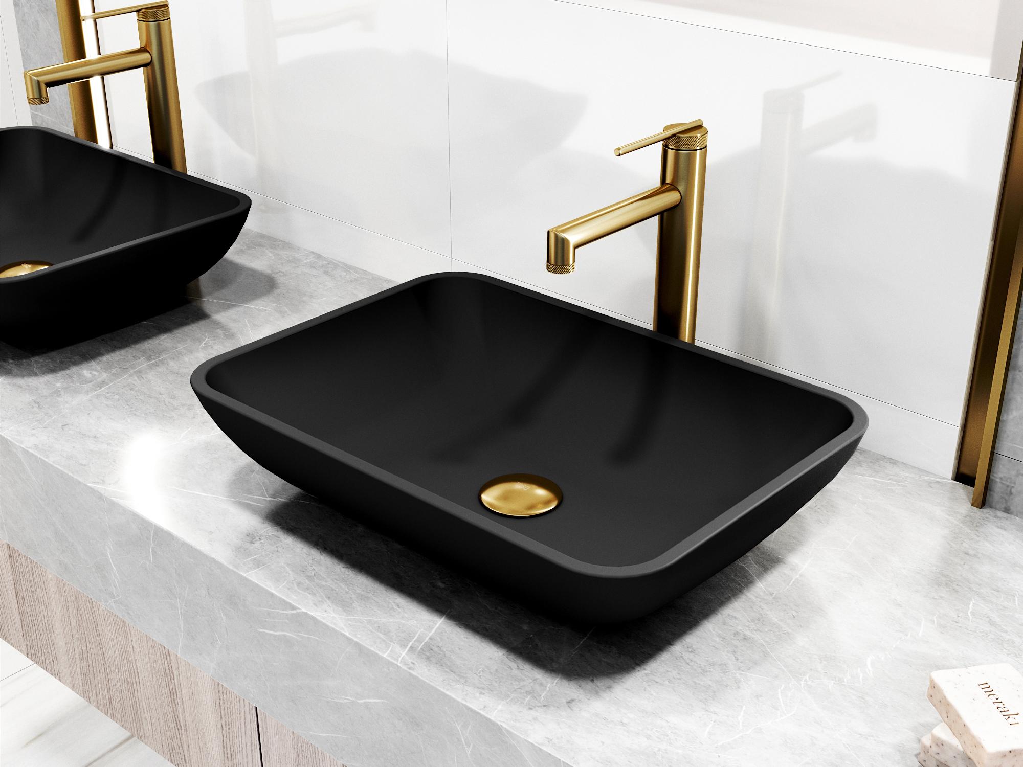 Vigo Sottile Black Glass Vessel Bathroom Sink - Pop-Up Drain in Matte Gold