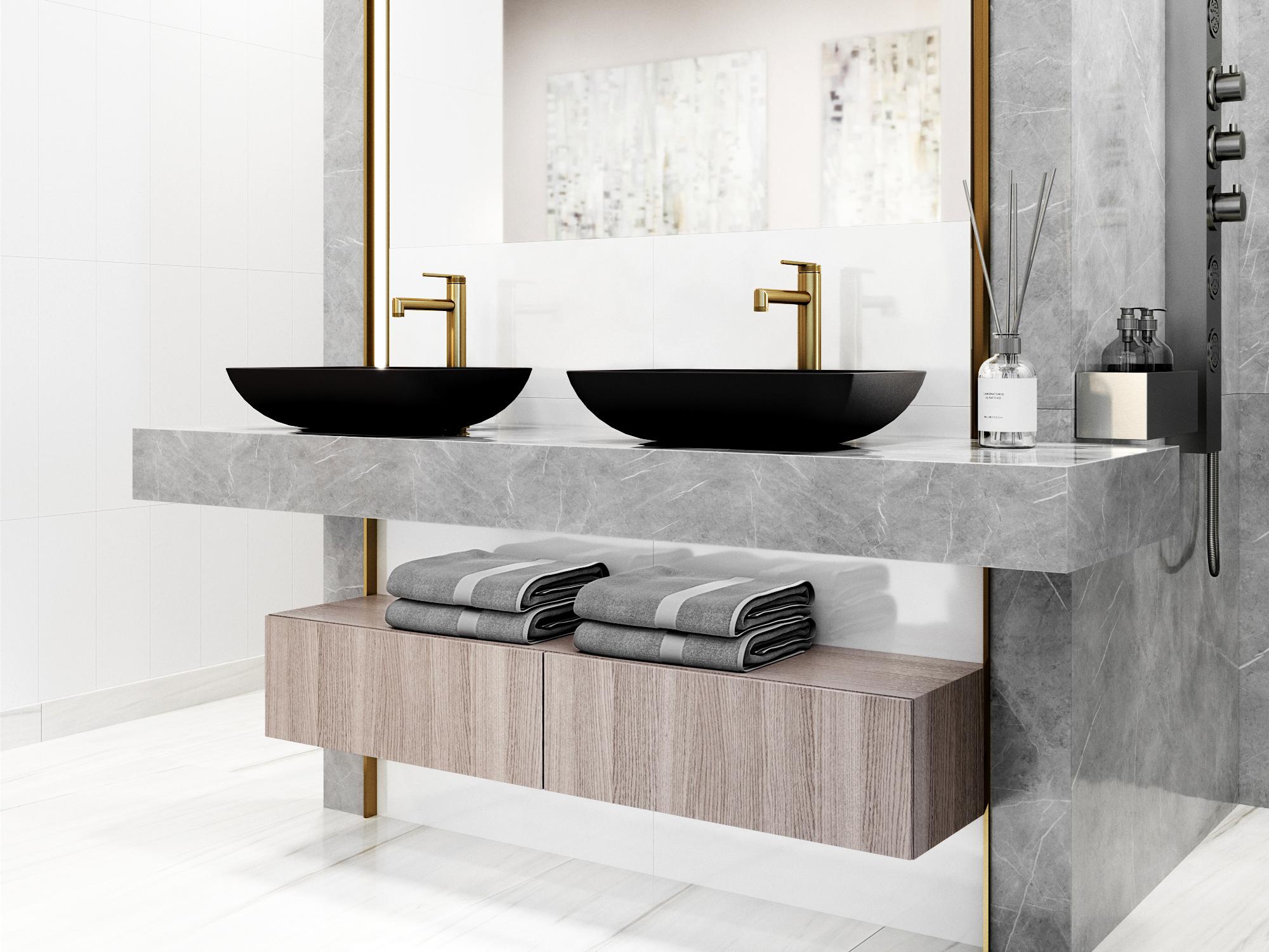 Vigo Sottile Black Glass Vessel Bathroom Sink - Pop-Up Drain in Matte Gold