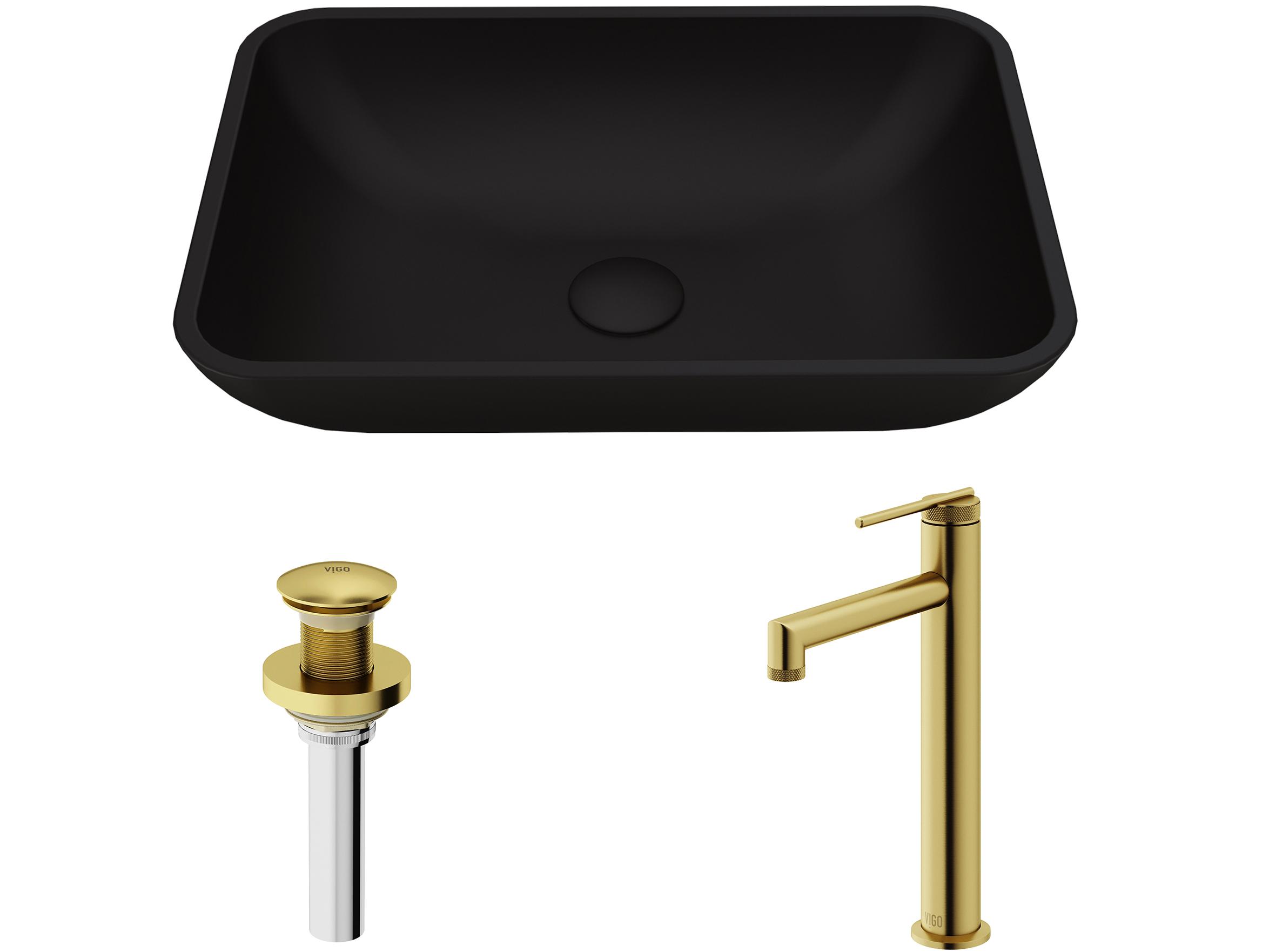 Vigo Sottile Black Glass Vessel Bathroom Sink - Pop-Up Drain in Matte Gold