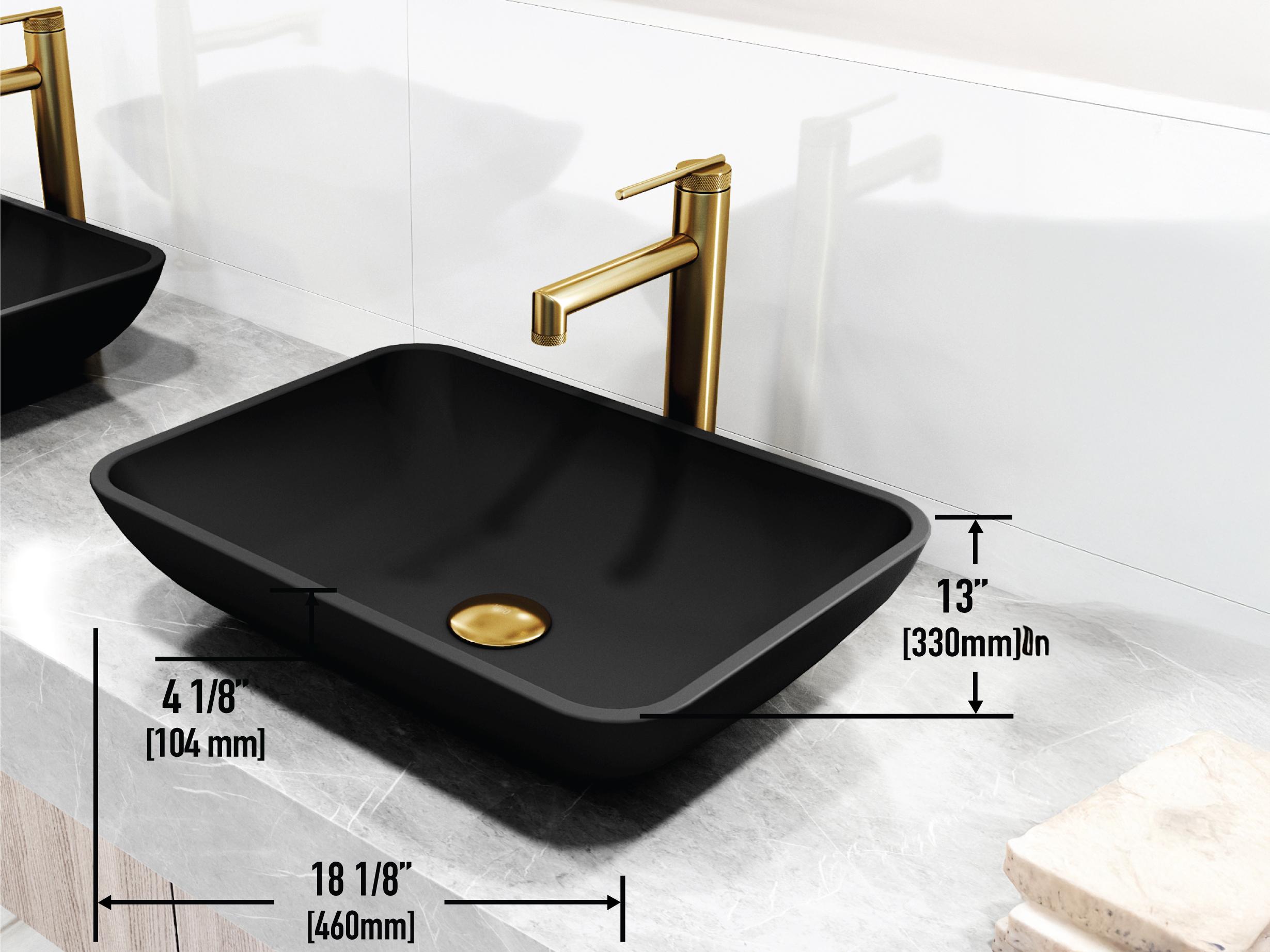 Vigo Sottile Black Glass Vessel Bathroom Sink - Pop-Up Drain in Matte Gold