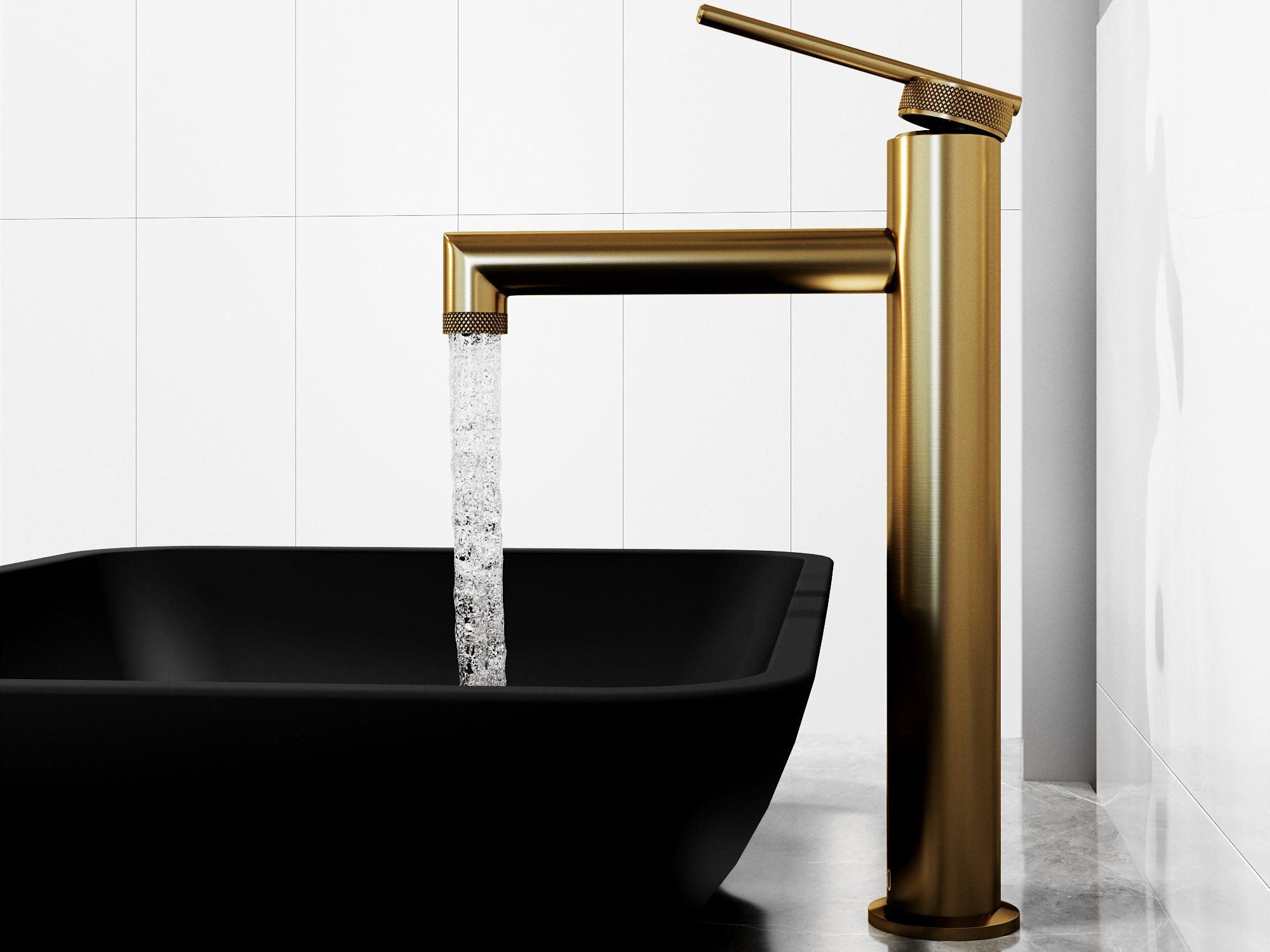 Vigo Sottile Black Glass Vessel Bathroom Sink - Pop-Up Drain in Matte Gold
