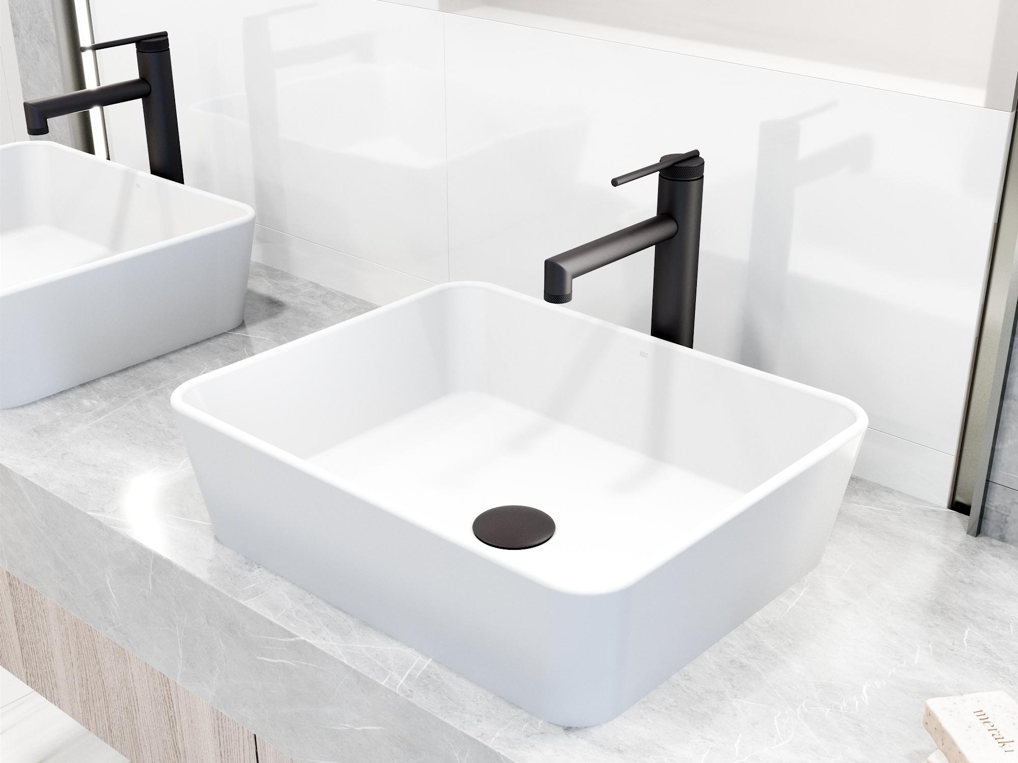 Vigo Marigold White Stone Vessel Bathroom Sink - Pop-Up Drain in Matte Black