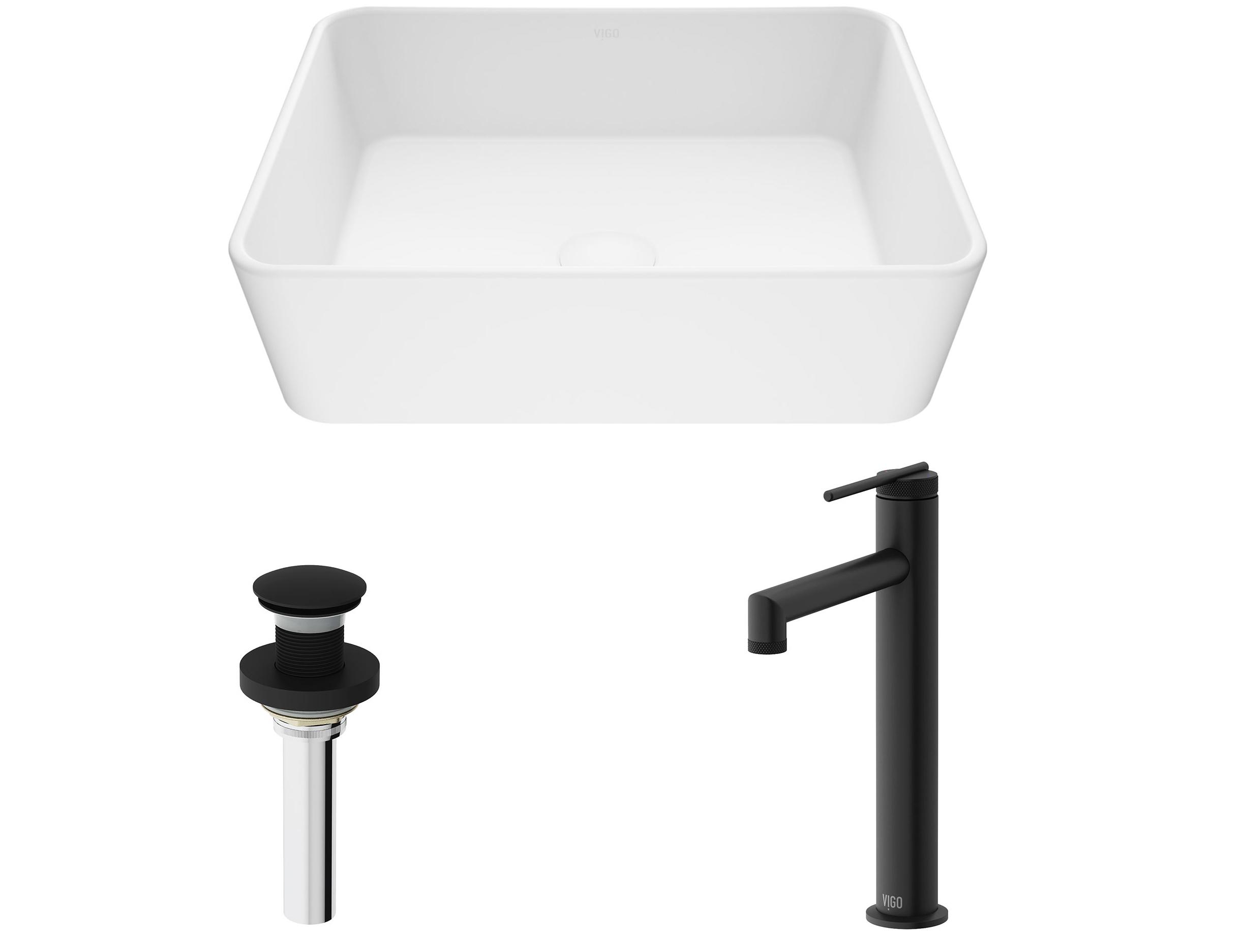 Vigo Marigold White Stone Vessel Bathroom Sink - Pop-Up Drain in Matte Black