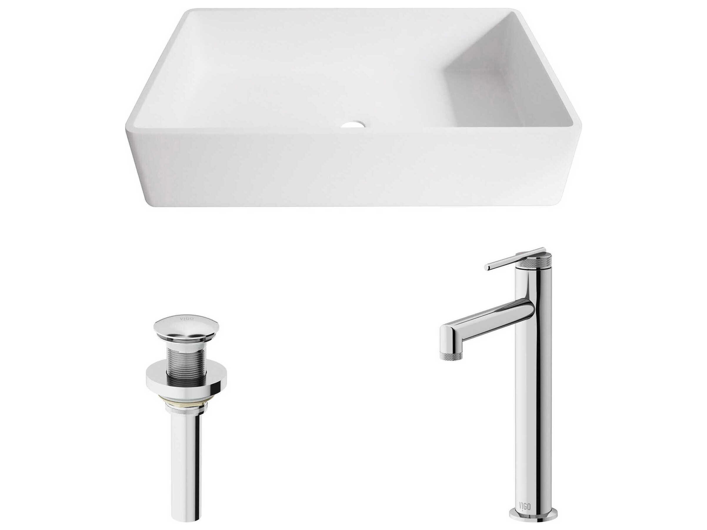 Vigo Magnolia Rectangular Vessel Bathroom Sink with Sterling Faucet and Pop-Up Drain