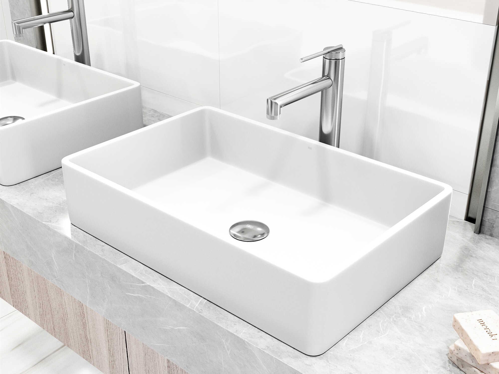 Vigo Magnolia Rectangular Vessel Bathroom Sink with Sterling Faucet and Pop-Up Drain