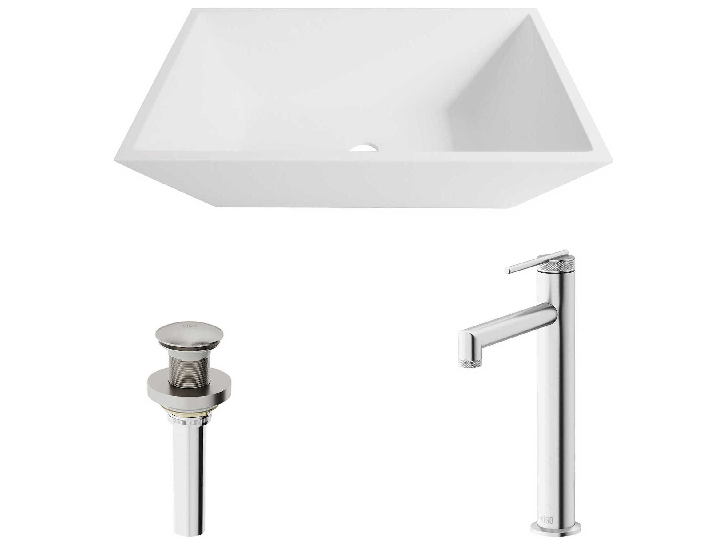 Vigo Vinca Rectangular Vessel Bathroom Sink with Faucet and Pop-Up Drain