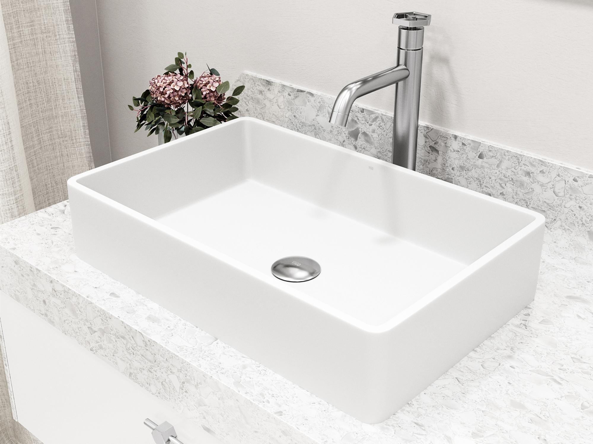 Vigo Magnolia White Stone Vessel Bathroom Sink - Pop-Up Drain in Brushed Nickel
