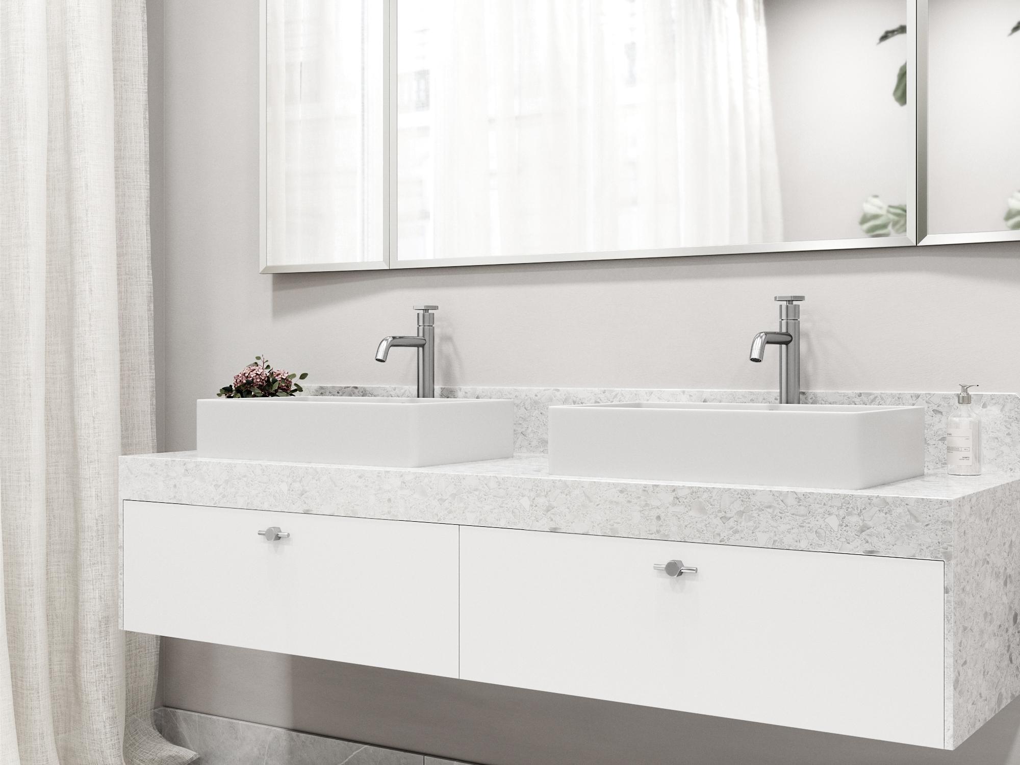 Vigo Magnolia White Stone Vessel Bathroom Sink - Pop-Up Drain in Brushed Nickel