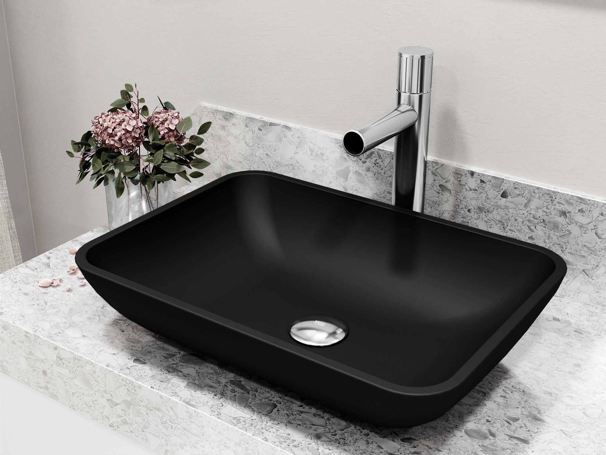Vigo Sottile Black Glass Vessel Bathroom Sink - Pop-Up Drain in Chrome