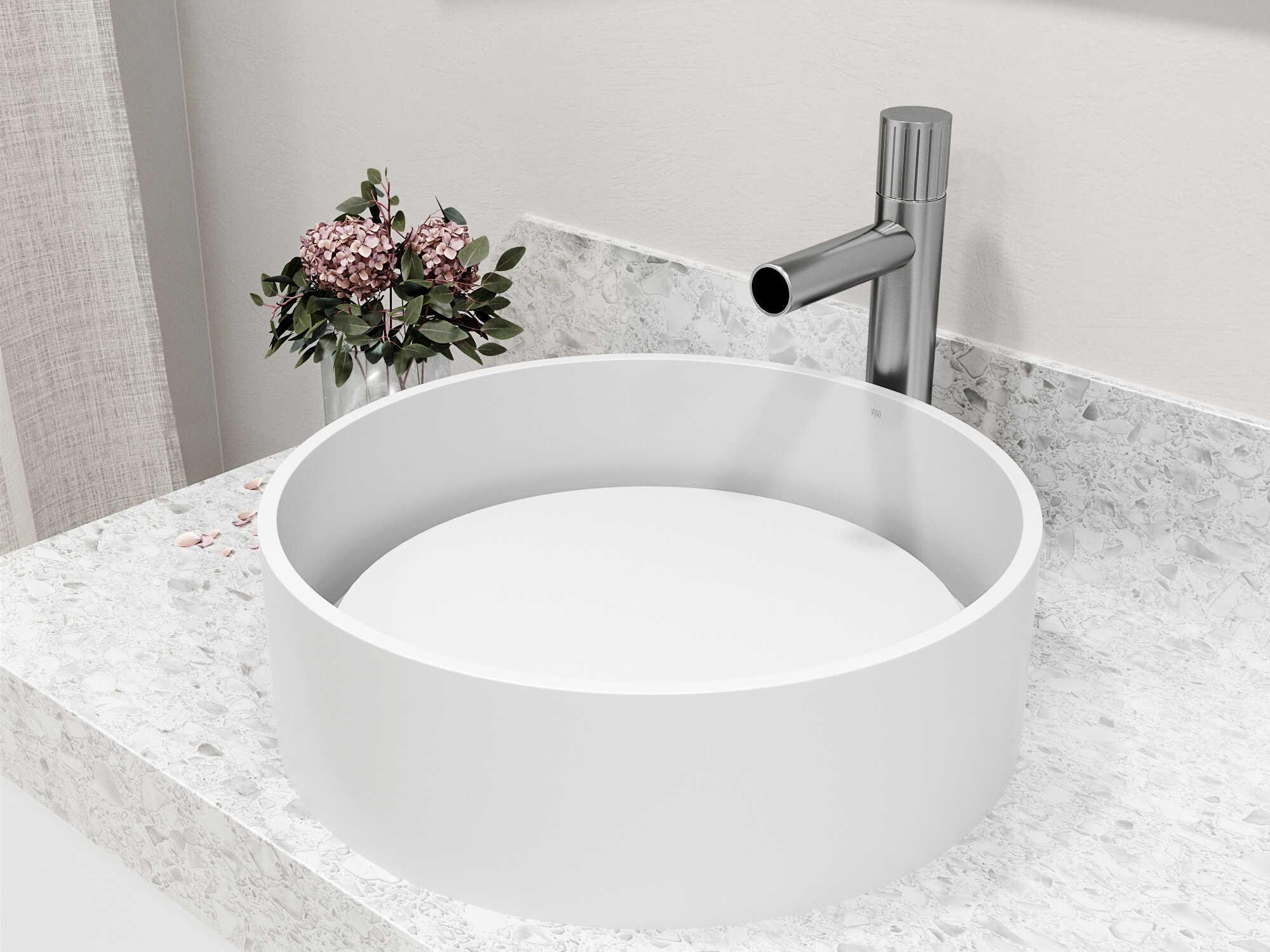 Vigo Anvil Round Vessel Bathroom Sink with Ashford Faucet and Pop-Up Drain
