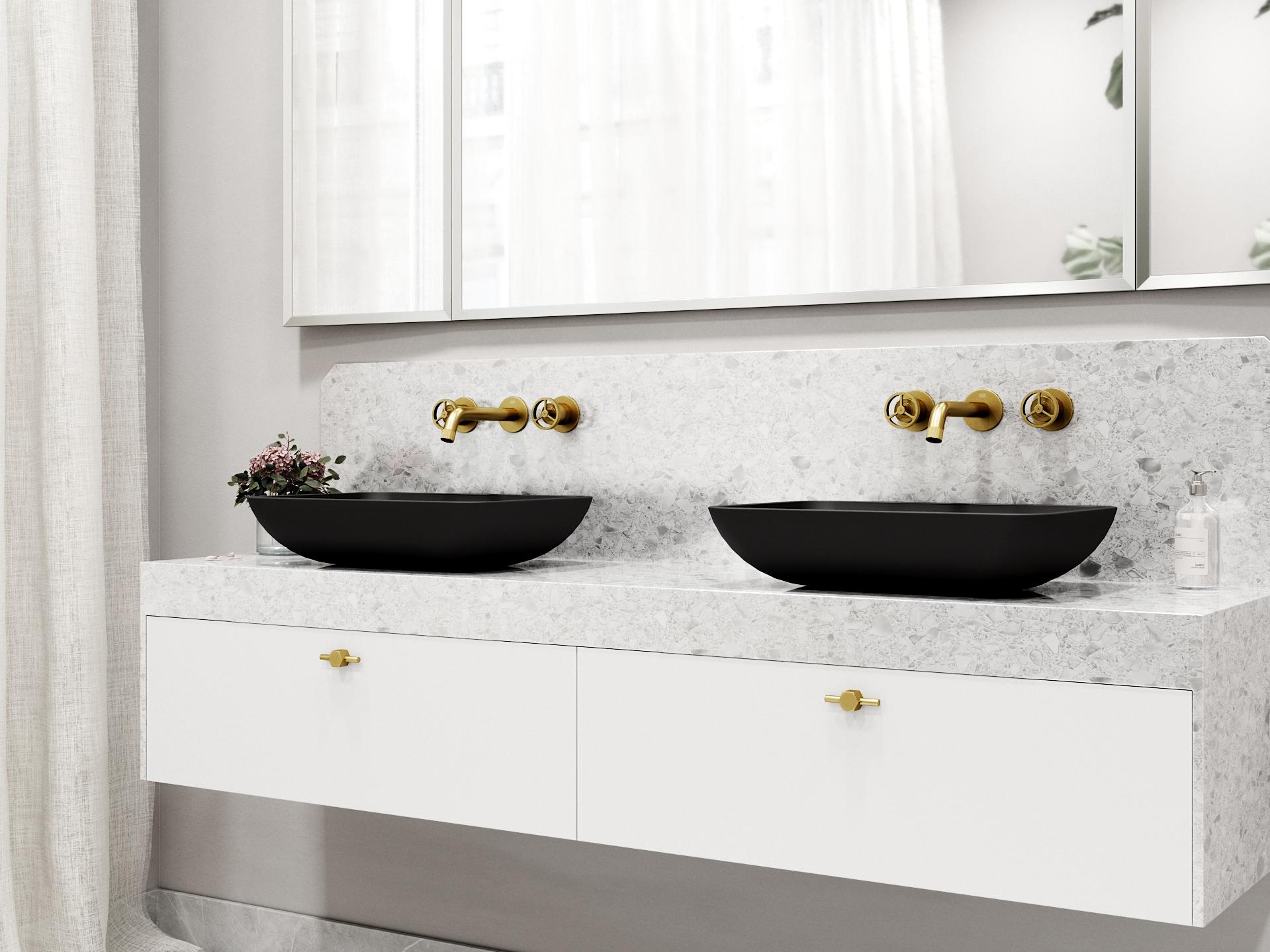 Vigo Black Sottile Black Glass Vessel Bathroom Sink - Wall-Mount Faucet and Drain in Matte Gold