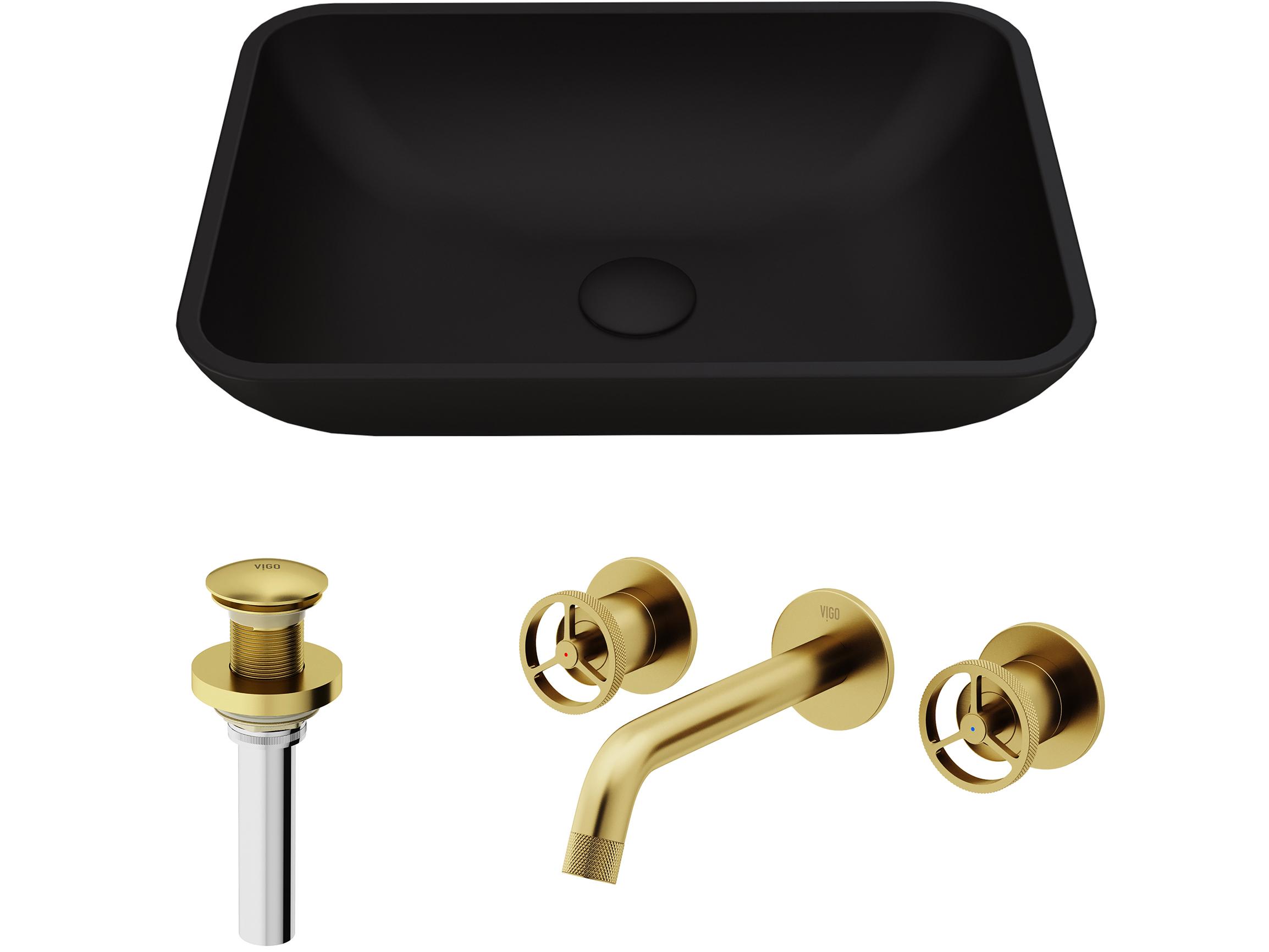Vigo Black Sottile Black Glass Vessel Bathroom Sink - Wall-Mount Faucet and Drain in Matte Gold
